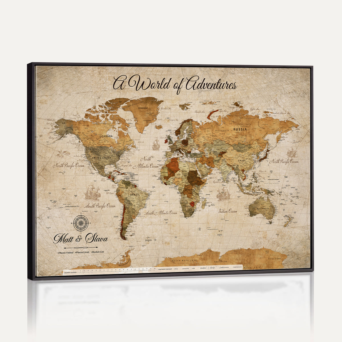 88768647-MGV-CV-36X24 - Extra Large Framed Personalize Push Pin World Map Wall Art Canvas Print for Travel Tracking
