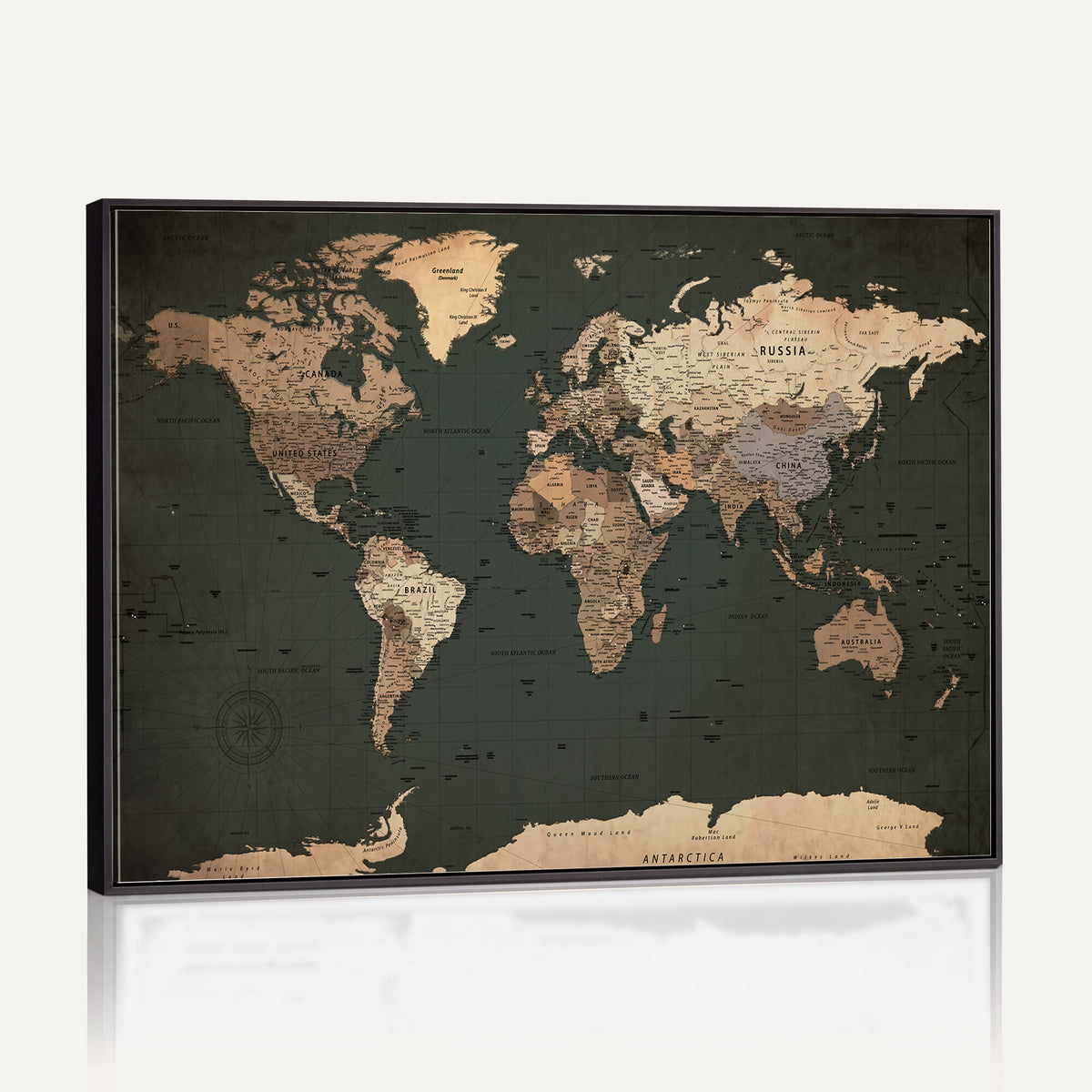 42327656-MGV-CV-36X24 - Extra Large Framed Personalize Push Pin World Map Wall Art Canvas Print for Travel Tracking