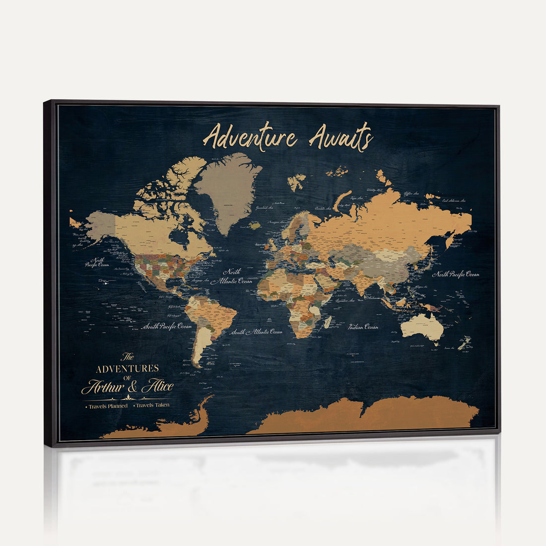 Big Framed Push Pin World Map, Extra Large Personalized Travel Canvas Print