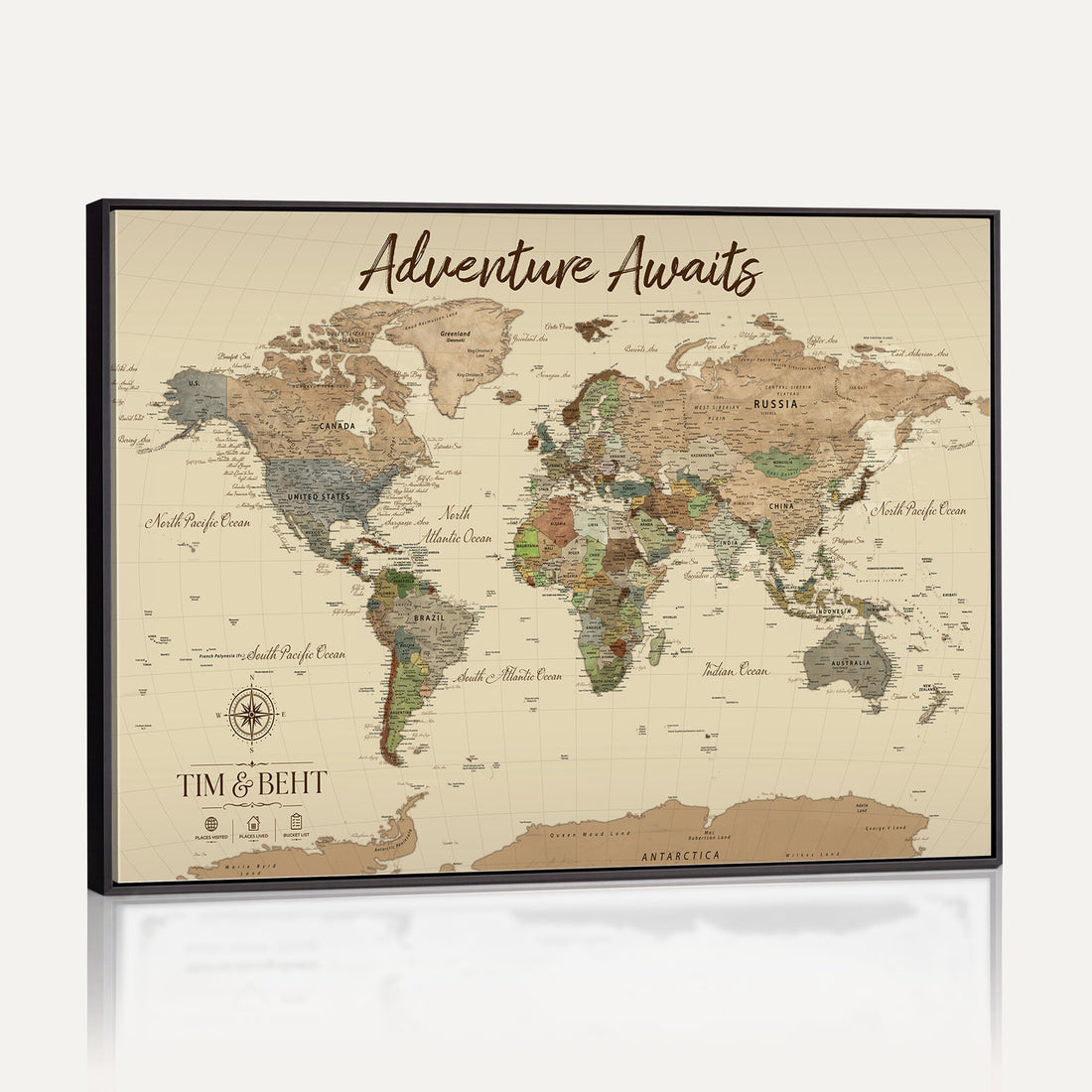 Personalized World Map Wall Art Canvas Print | Modern Decorative Framed Map for Living Room, Office, Bedroom