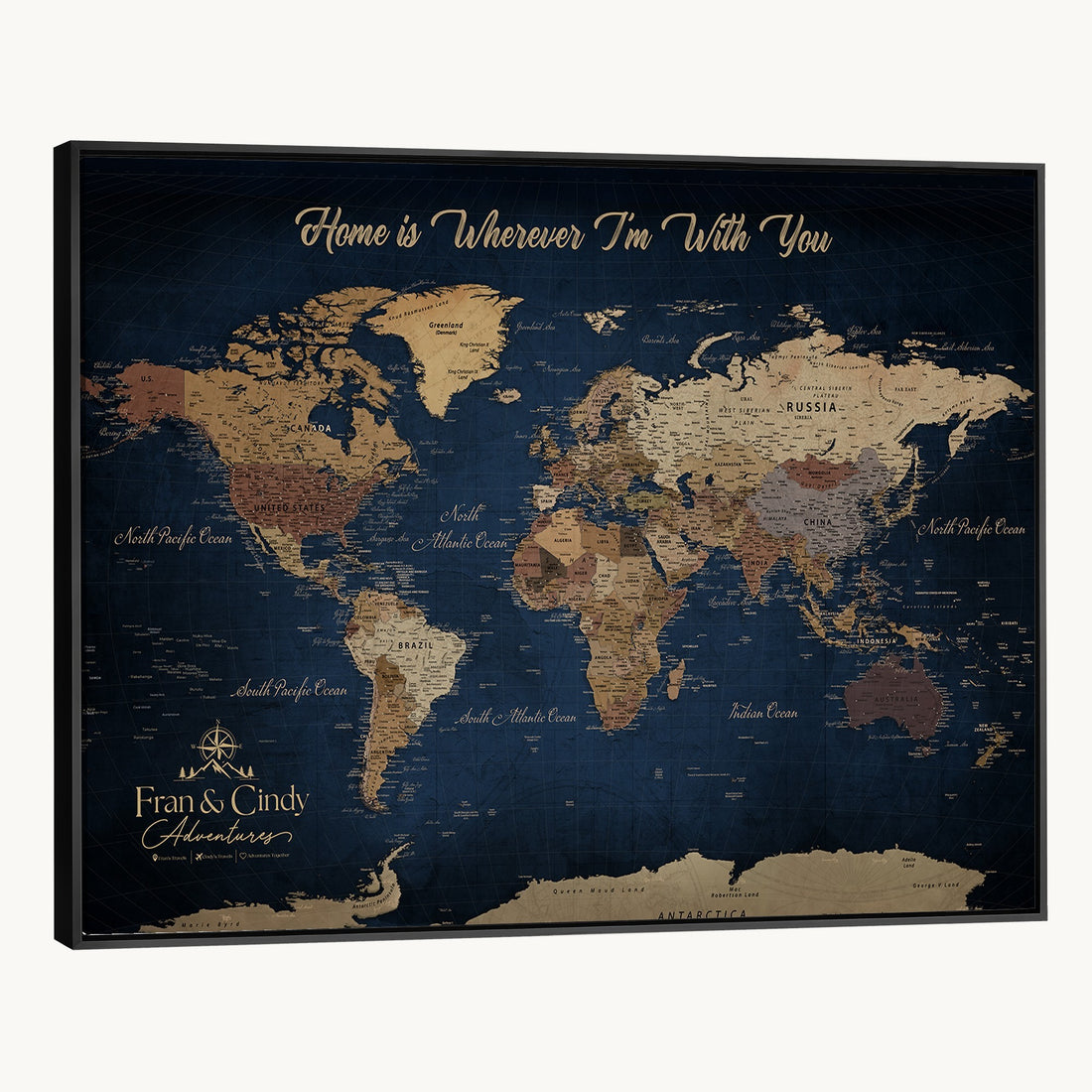 Custom Framed Deep Blue Geometric Push Pin World Map Wall Art, Next Trip Planner Map, Family Room and Hallway Decor
