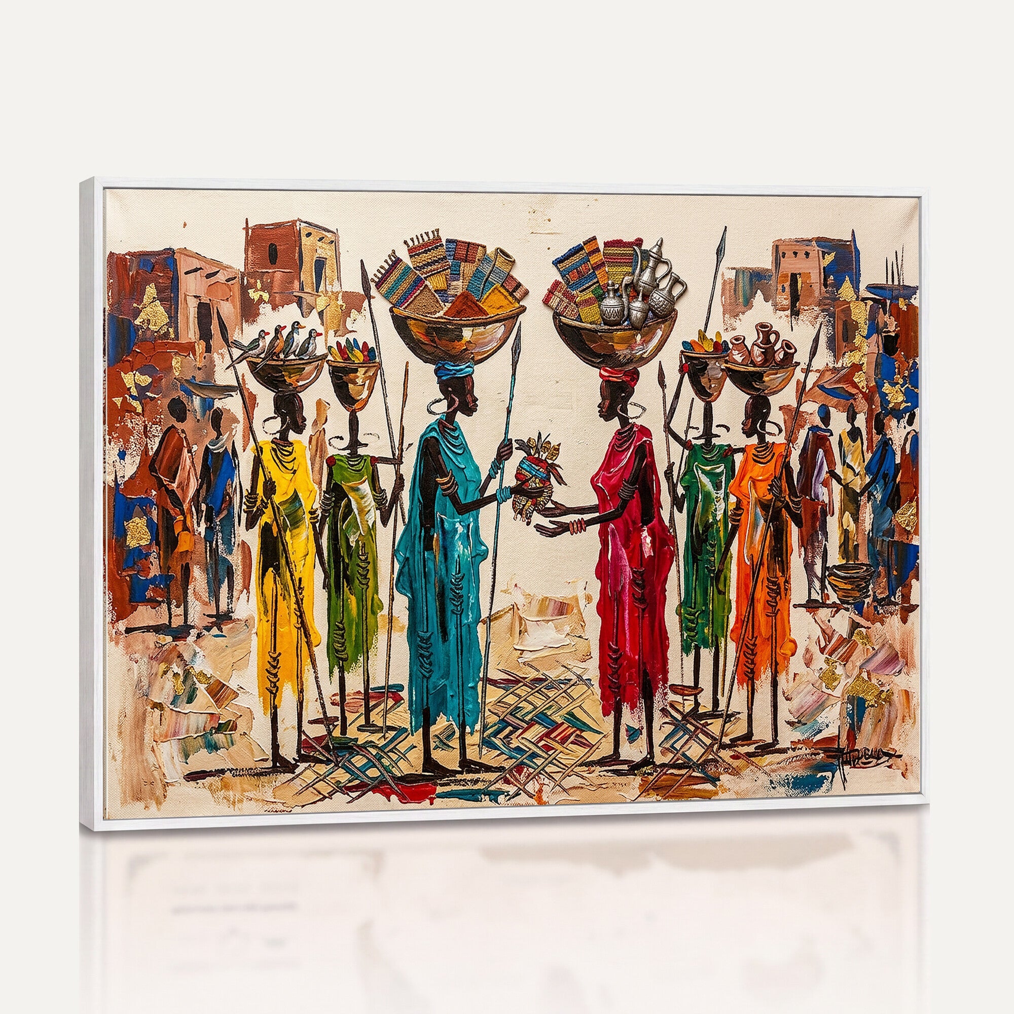 54818657-MGV-CV-36X24 - African Folk Art Canvas Wall Art, Colorful African Women Village Painting Print, Tribal Ethnic Home Decor, Vibrant African Art, Living Room