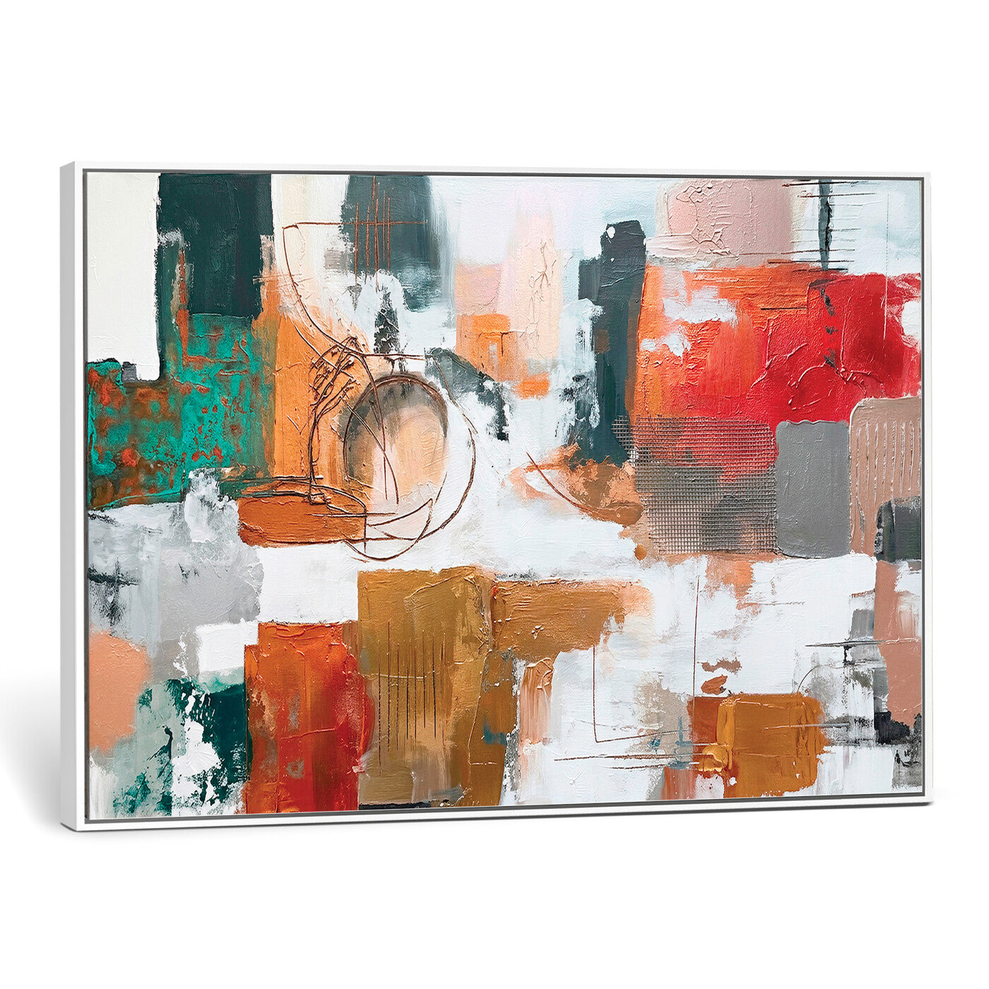 50720312-MGV-CV-36X24 - Blue Teal Abstract Canvas Wall Art | Modern Textured Painting Print, Navy Orange White Contemporary Art, Neutral Living Room Decor, Office Art.