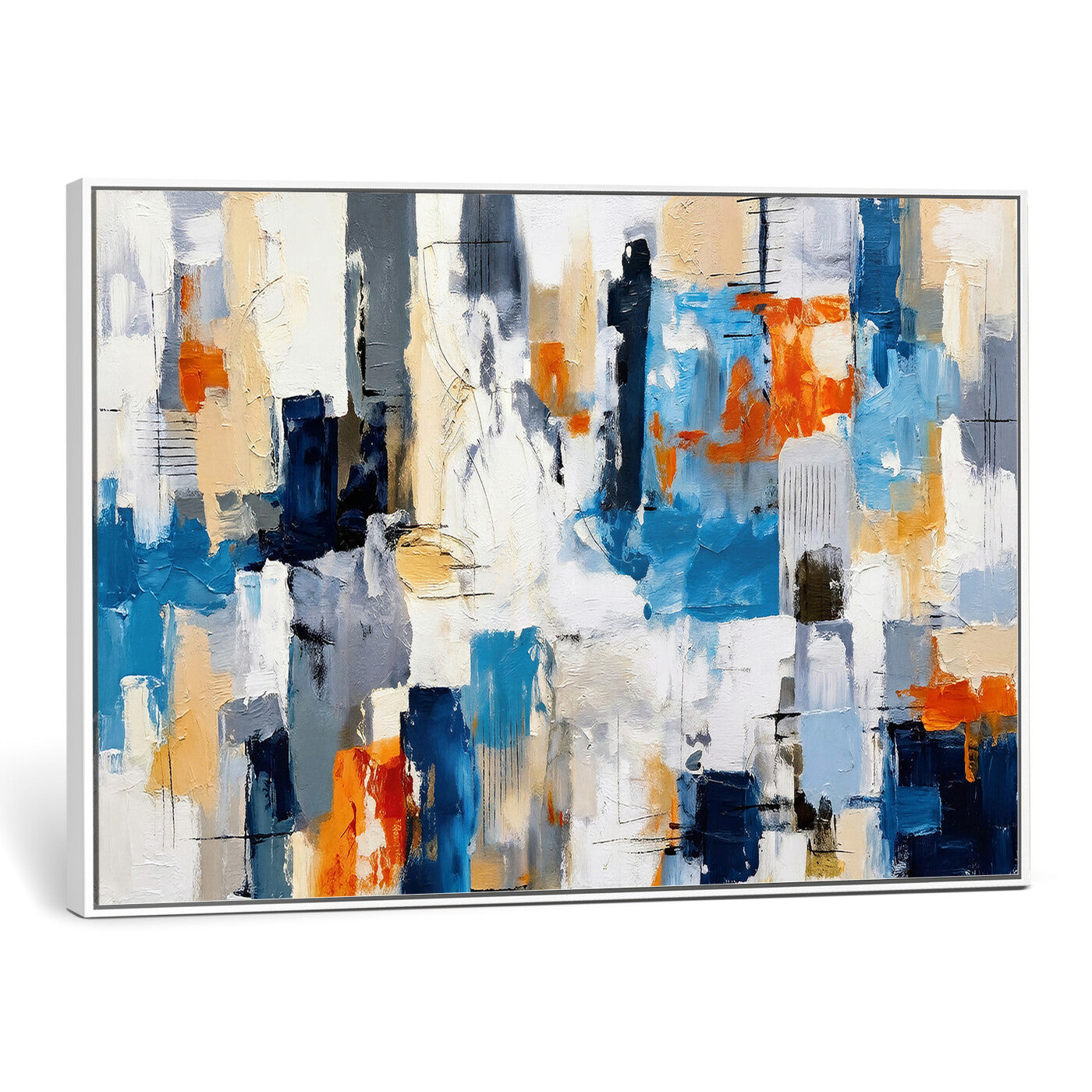83915061-MGV-CV-36X24 - Blue Teal Abstract Canvas Wall Art, Modern Textured Painting Print, Navy Orange White Contemporary Art, Neutral Living Room Decor, Office Art