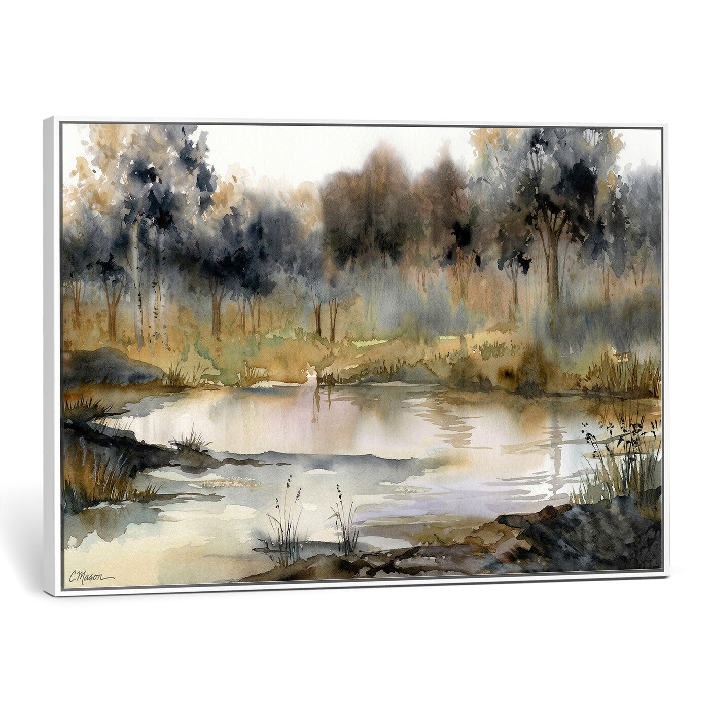 27383609-MGV-CV-36X24 - Abstract Watercolor Autumn Lake Canvas Wall Art Print - Misty Forest Landscape, Rustic Nature Painting, Cabin Wall Decor - Ready to Hang