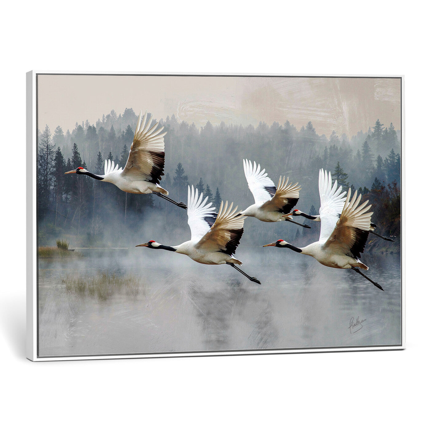24356826-MGV-CV-36X24 - Flying Crane Canvas Wall Art Print, White Crane Bird Artwork, Wildlife Nature Decor, Lake Landscape Canvas - Ready to Hang