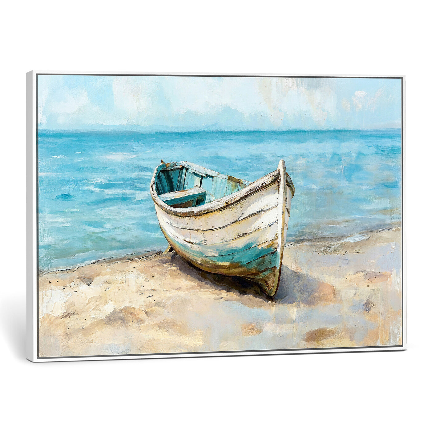 14780565-MGV-CV-36X24 - Coastal Boat Canvas Wall Art Print, Beach Boat Painting, Nautical Ocean Decor, Seascape Wall Art - Ready to Hang