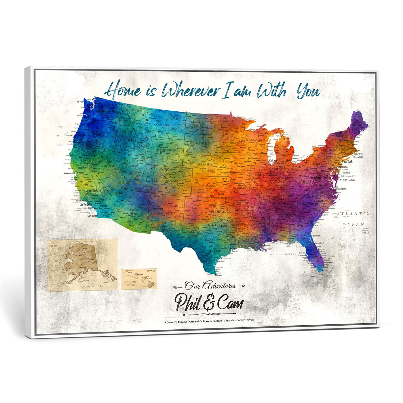 17251793-MGV-CV-36X24 - Watercolor USA Travel Map with Pins Colorful Modern Canvas Wall Art
