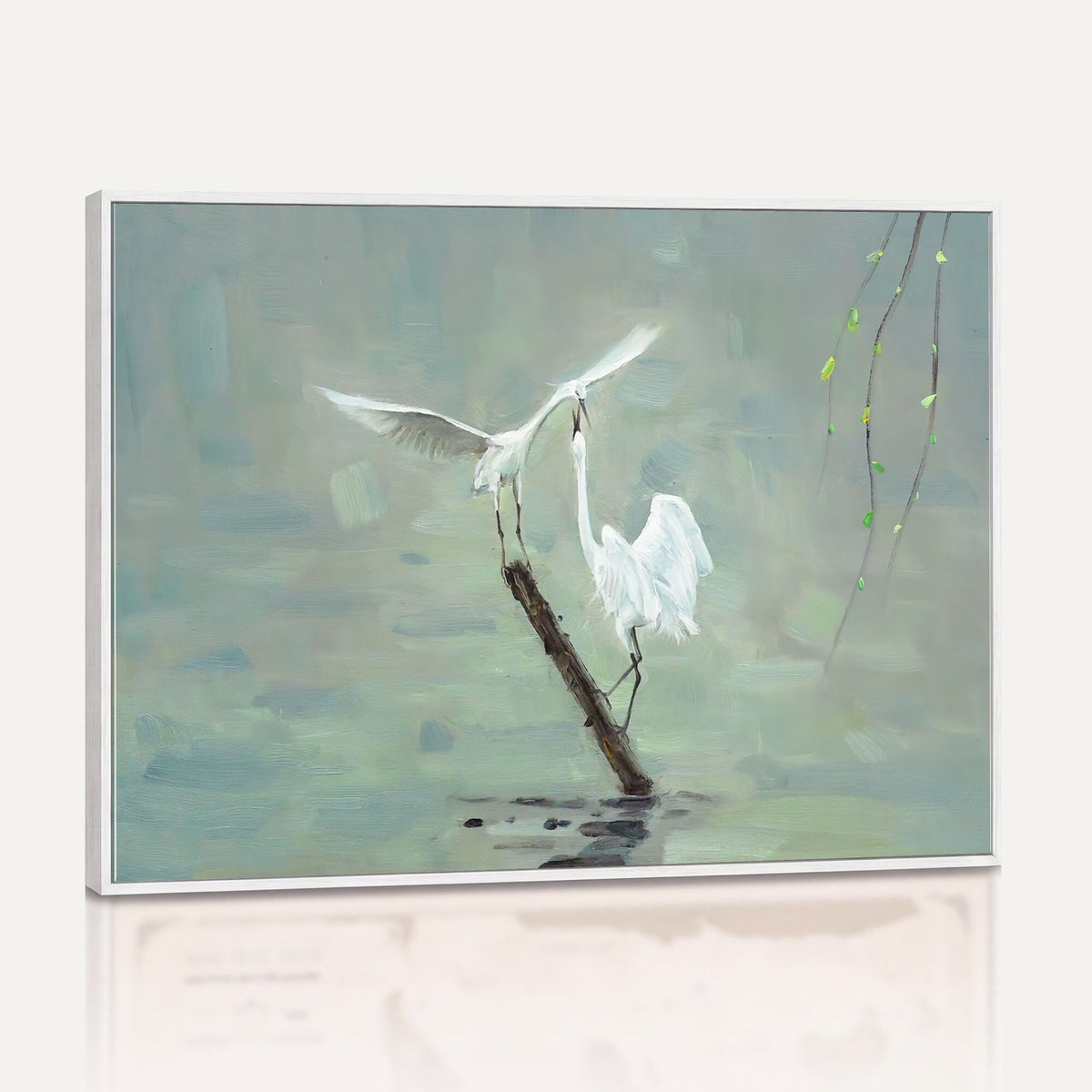 91124838-MGV-CV-36X24 - Two White Egrets on Marsh Branch Wall Art Canvas Print - Vintage Style Coastal Bird Poster