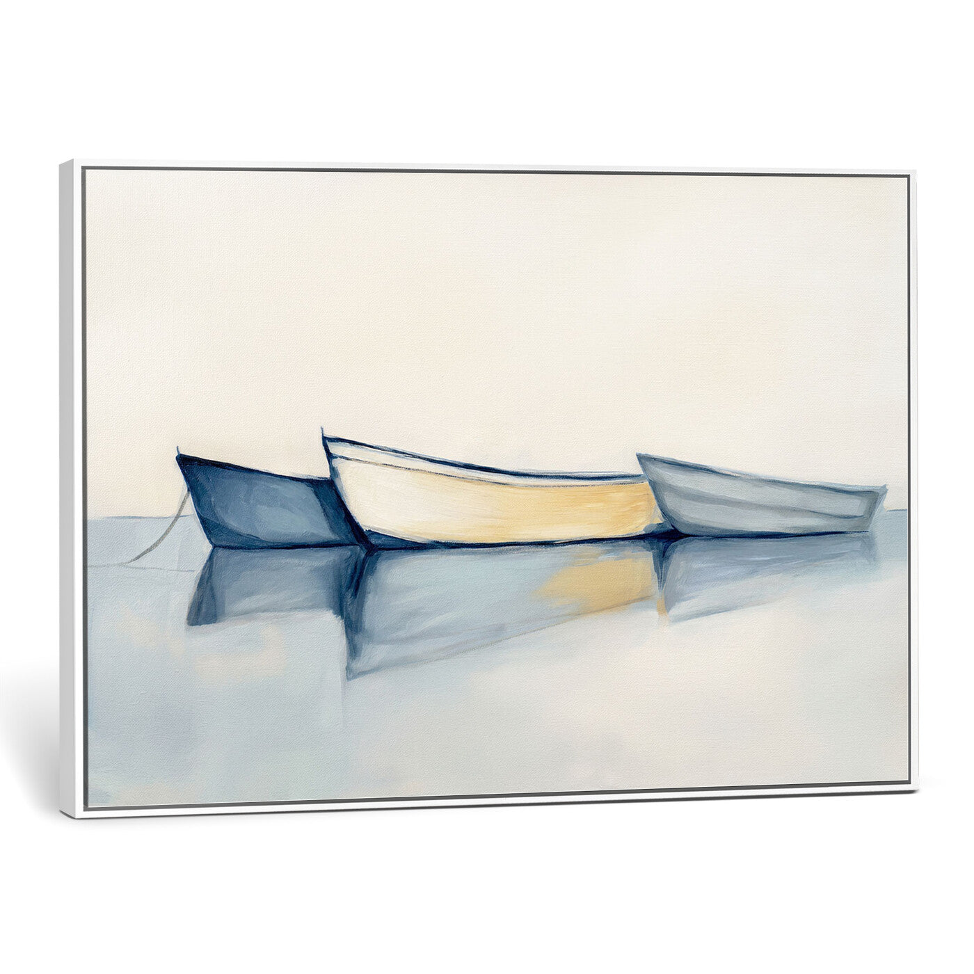 84017361-MGV-CV-36X24 - Abstract Three Boats Reflecting on Water Wall Art Canvas Print - Minimalist Coastal Seascape