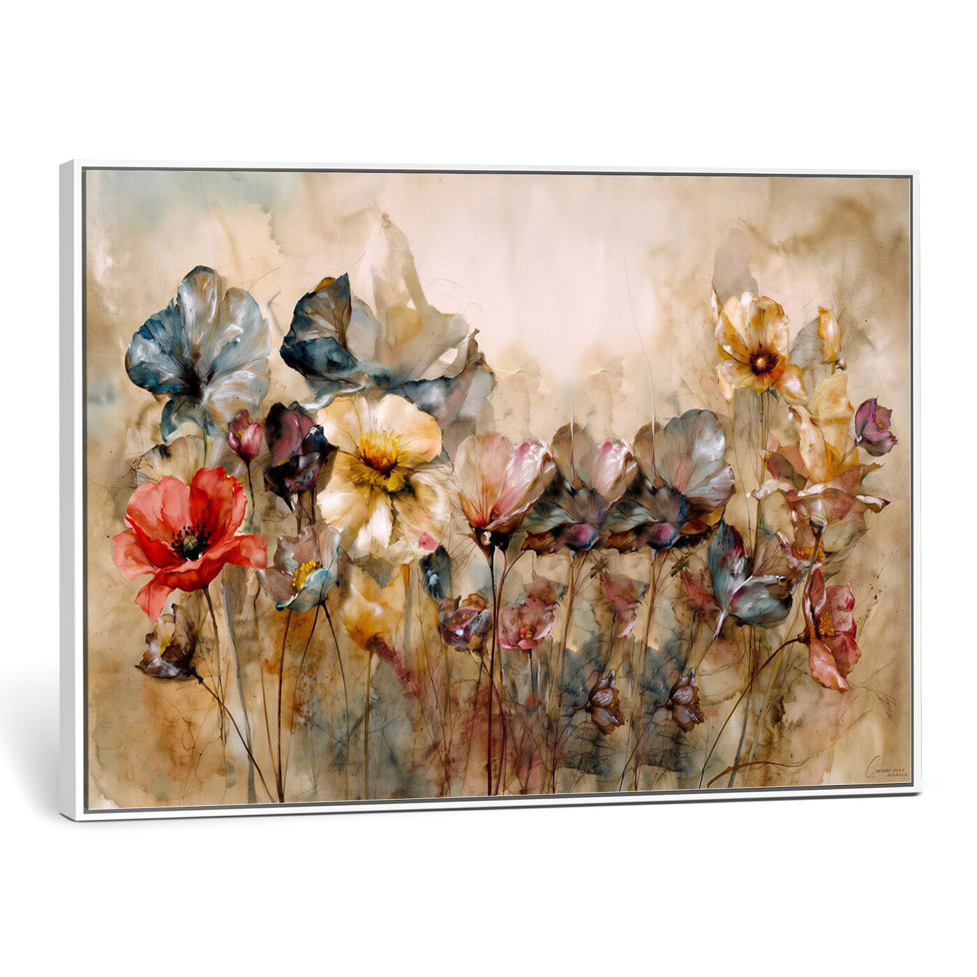 11407233-MGV-CV-36X24 - Vintage Dried Floral Meadow Wall Art Canvas Print, Translucent Watercolor Flowers Painting Print