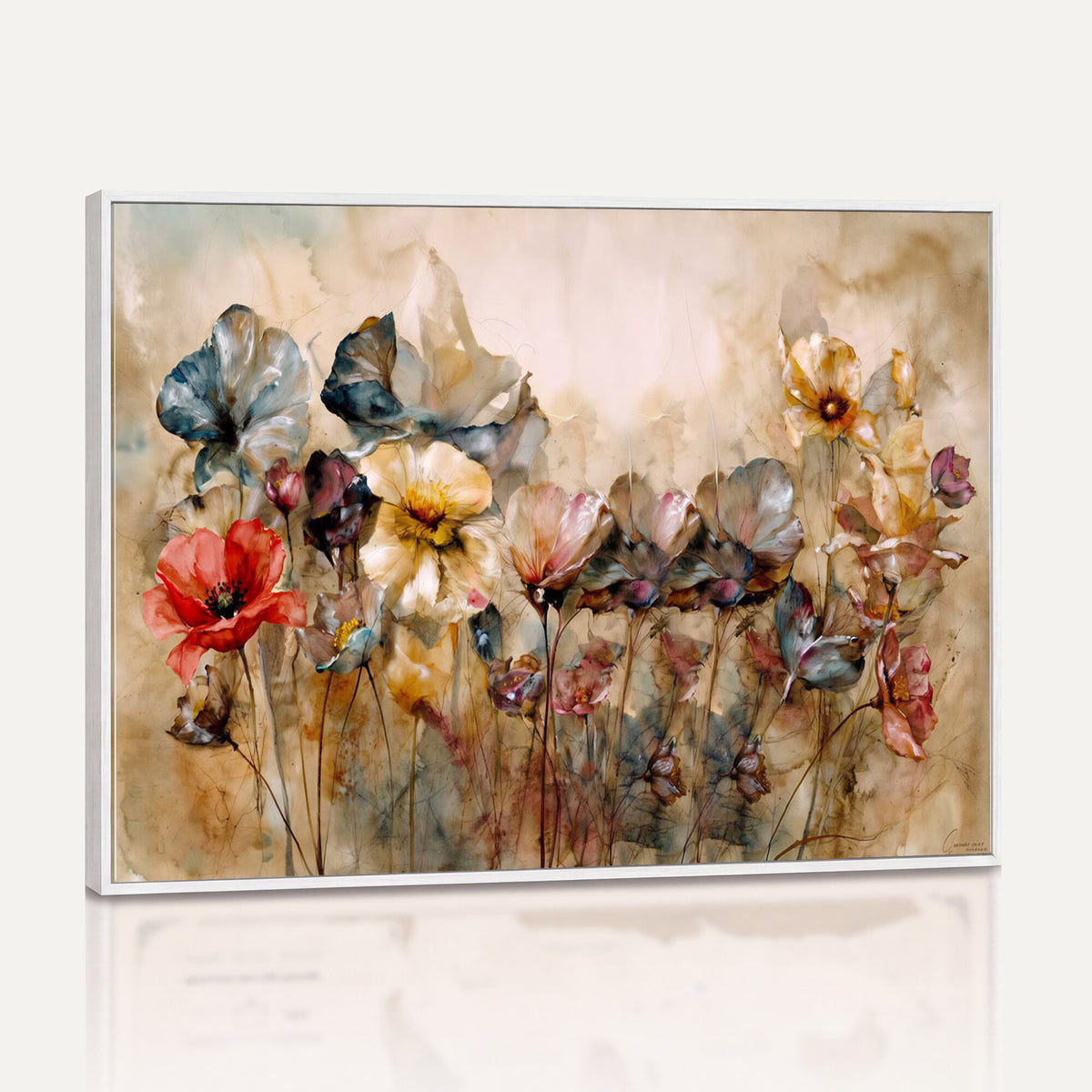 11407233-MGV-CV-36X24 - Vintage Dried Floral Meadow Wall Art Canvas Print, Translucent Watercolor Flowers Painting Print