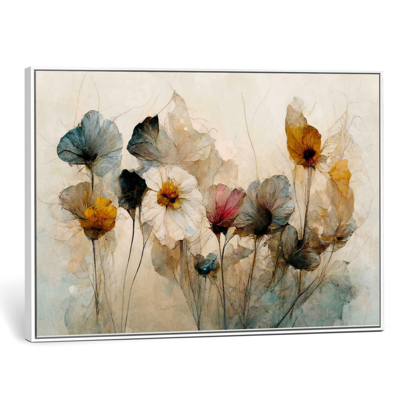 86802229-MGV-CV-36X24 - Vintage Dried Floral Meadow Wall Art Canvas Print, Translucent Watercolor Flowers Painting Print