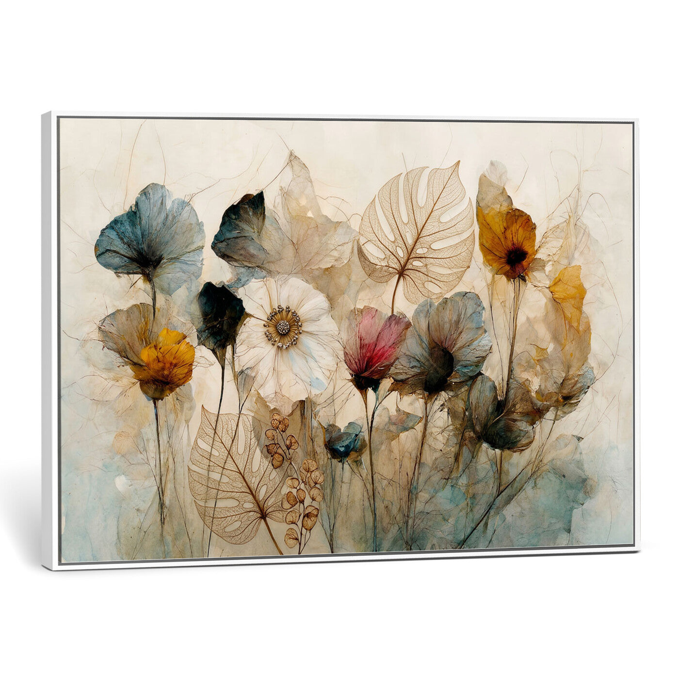 93171612-MGV-CV-36X24 - Vintage Dried Floral Meadow Wall Art Canvas Print, Translucent Watercolor Flowers Painting Print