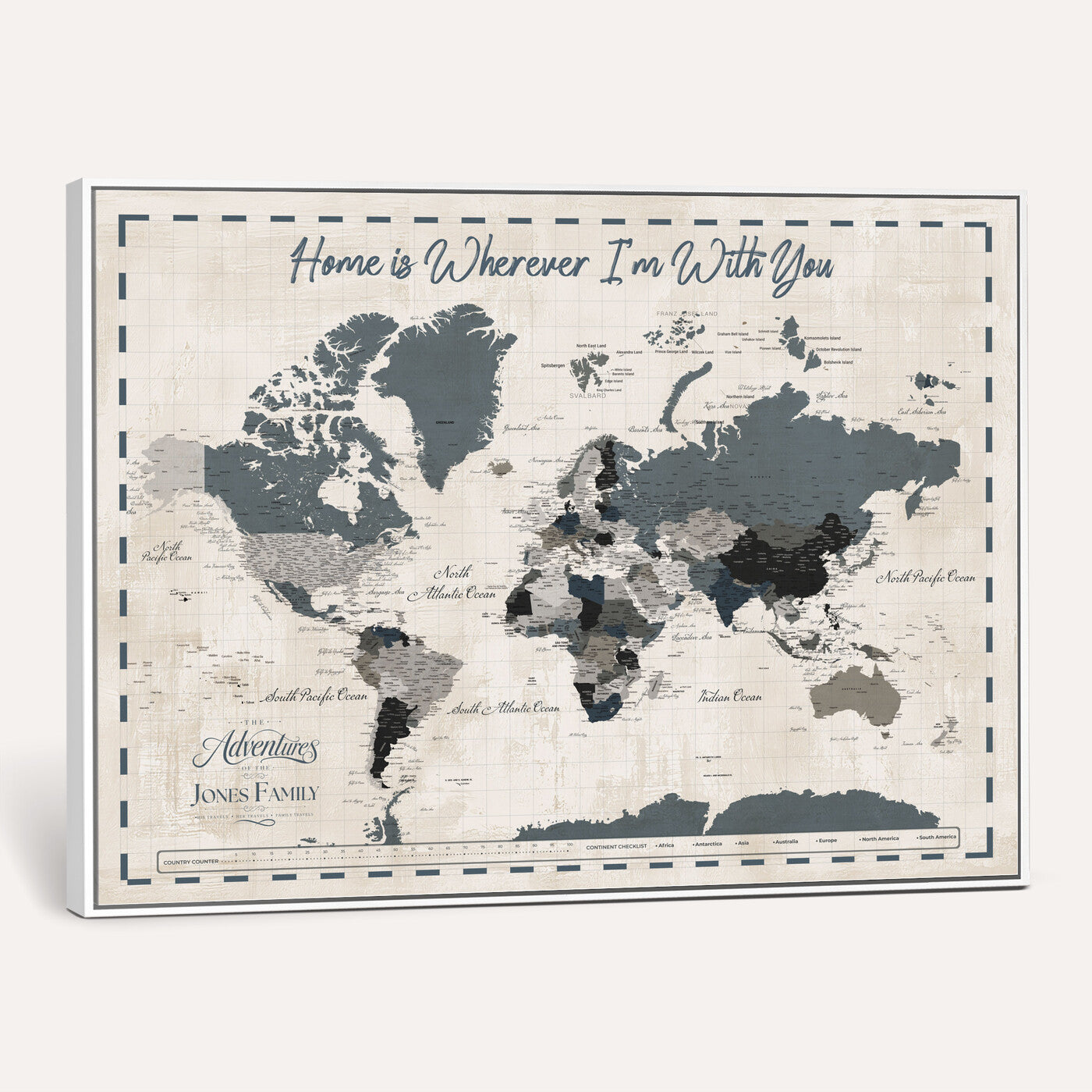 400867164-MGV-CV-36X24 - Framed Blue Custom Push Pin World Map Canvas Print – Personalized Travel Map Wall Art