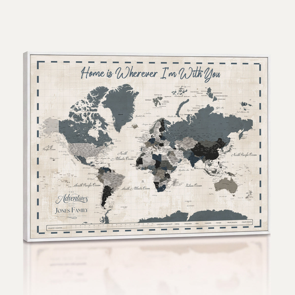 400867164-MGV-CV-36X24 - Framed Blue Custom Push Pin World Map Canvas Print – Personalized Travel Map Wall Art