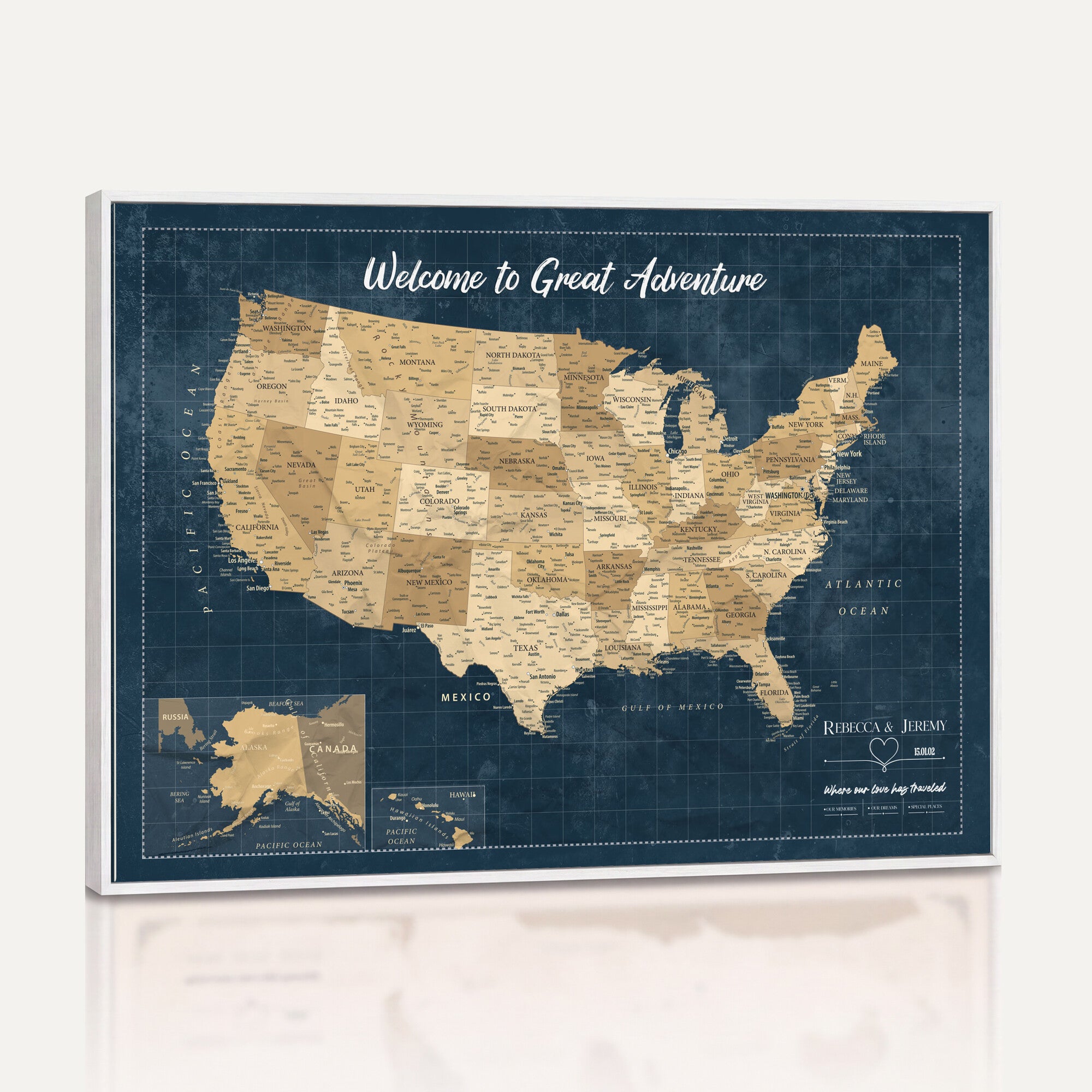 58851035-MGV-CV-36X24 - Custom Push Pin Travel USA Map Canvas Print, Cream Personalized Travel Tracker America Map, Anniversary Traveler Gift