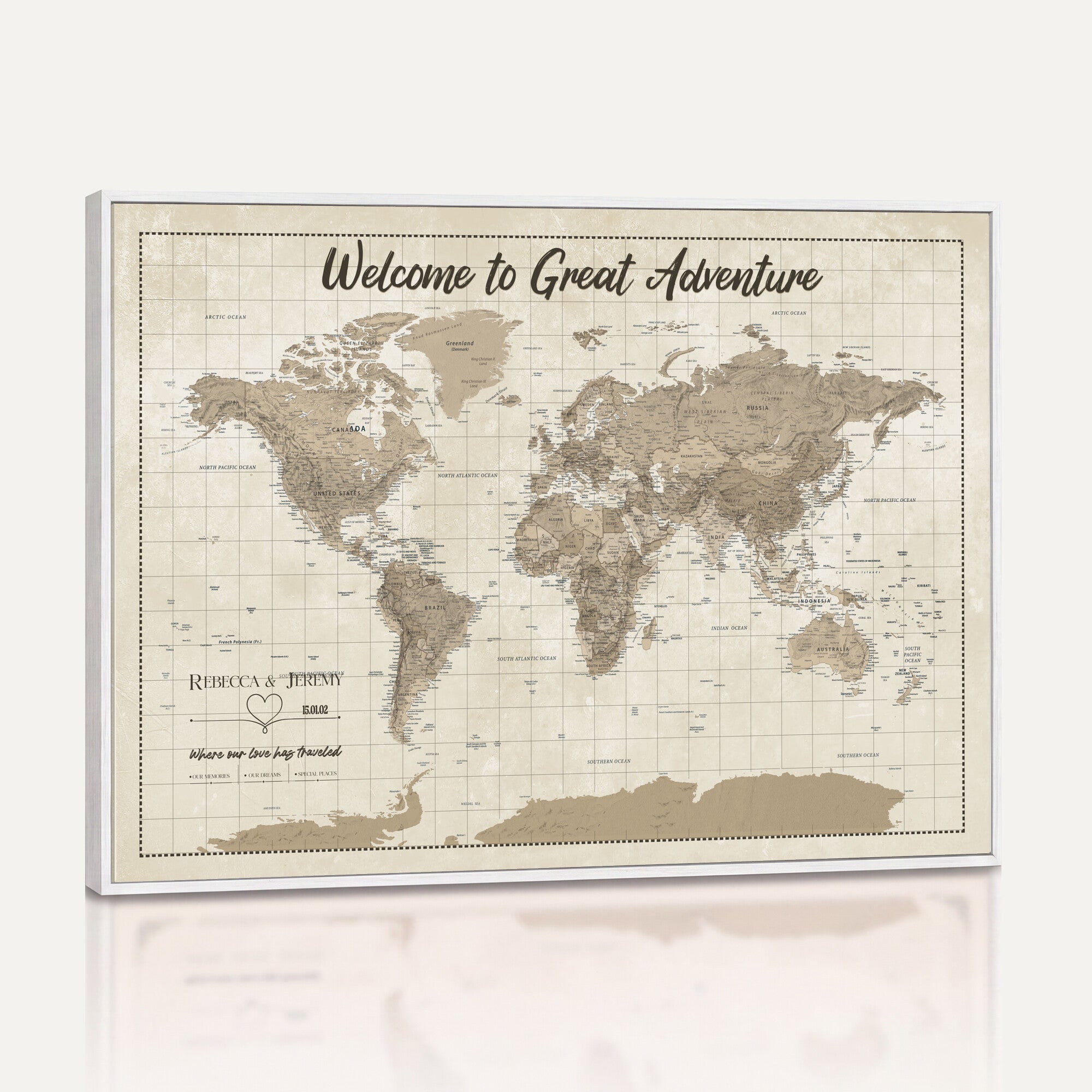 51180020-MGV-CV-36X24 - Custom Push Pin Travel Map Canvas Print, Cream Personalized Travel Tracker Map, Anniversary Gift, Vintage World Map Wall Art