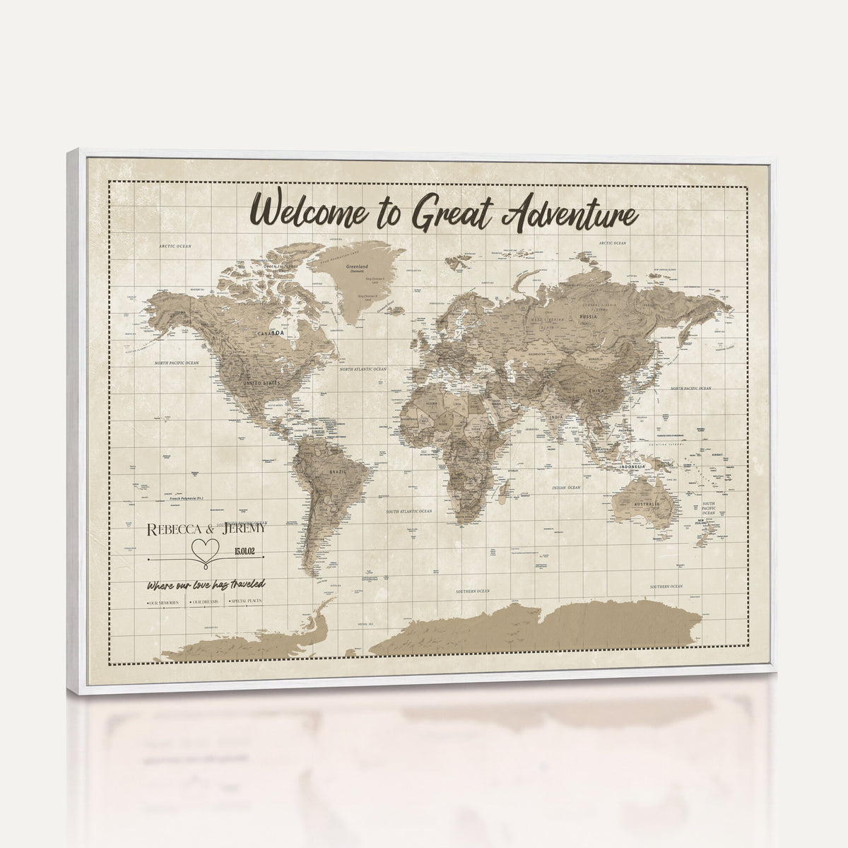 51180020-MGV-CV-36X24 - Custom Push Pin Travel Map Canvas Print, Cream Personalized Travel Tracker Map, Anniversary Gift, Vintage World Map Wall Art