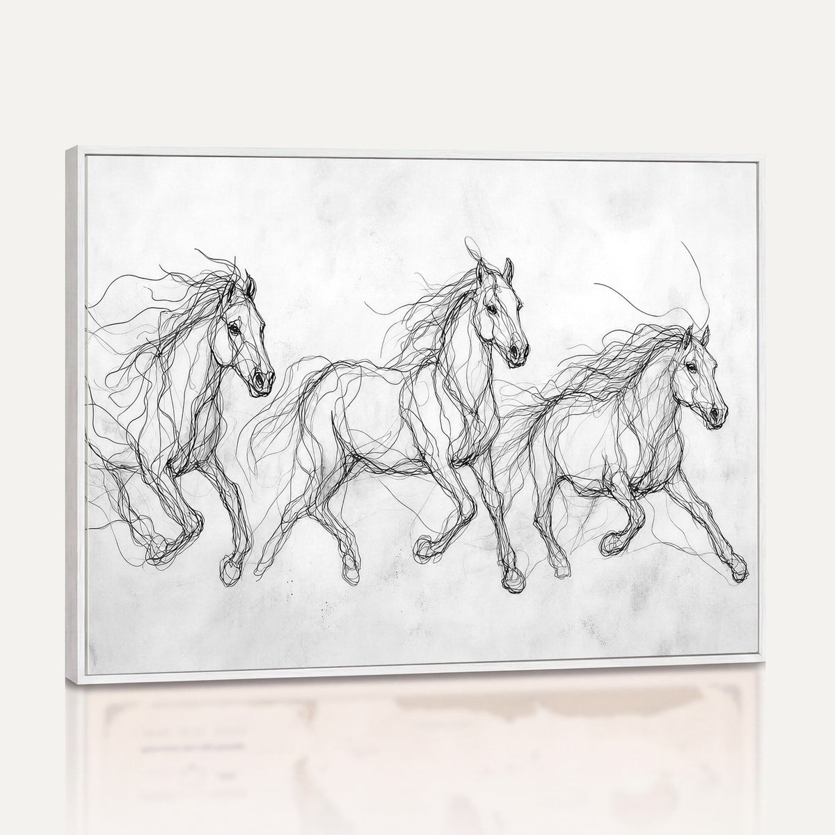 53600119-MGV-CV-36X24 - Monochrome Horse Canvas Wall Art, Black Ink Sketch Wild Horses Print, Minimalist Equestrian Artwork, Modern Abstract Line Decor, Urban Loft Gift