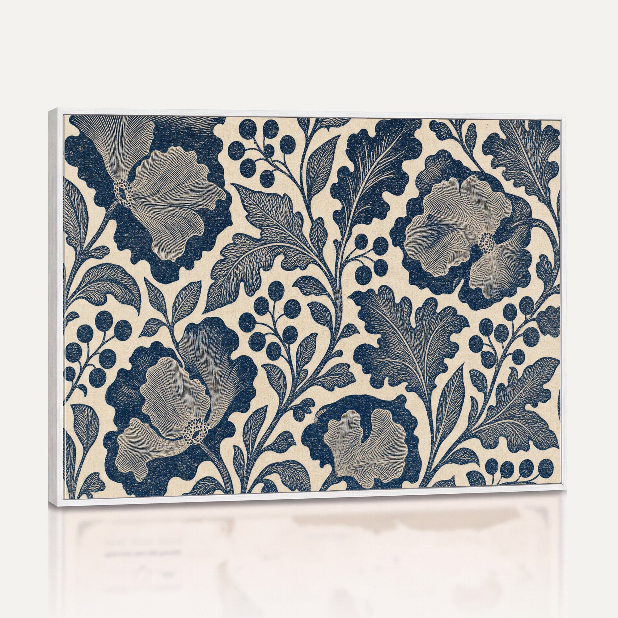 23824002-MGV-CV-36X24 - William Morris Style Navy Blue Floral Wall Art Canvas Print, Vintage Cream Botanical Painting Print