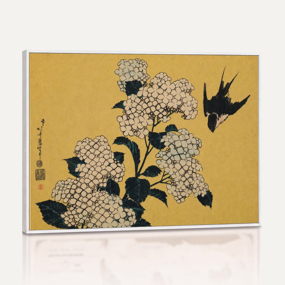 92483501-MGV-CV-36X24 - Katsushika Hokusai Hydrangea and Swallow Wall Art Canvas Print, Japanese Woodblock Painting Print
