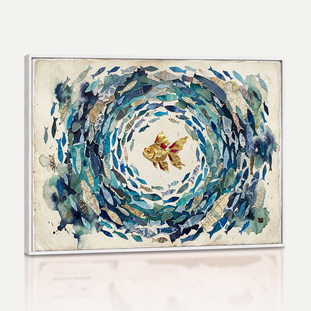 73165663-MGV-CV-36X24 - Mixed Media Blue Fish Swirl Canvas Wall Art, Goldfish Collage Ocean Print