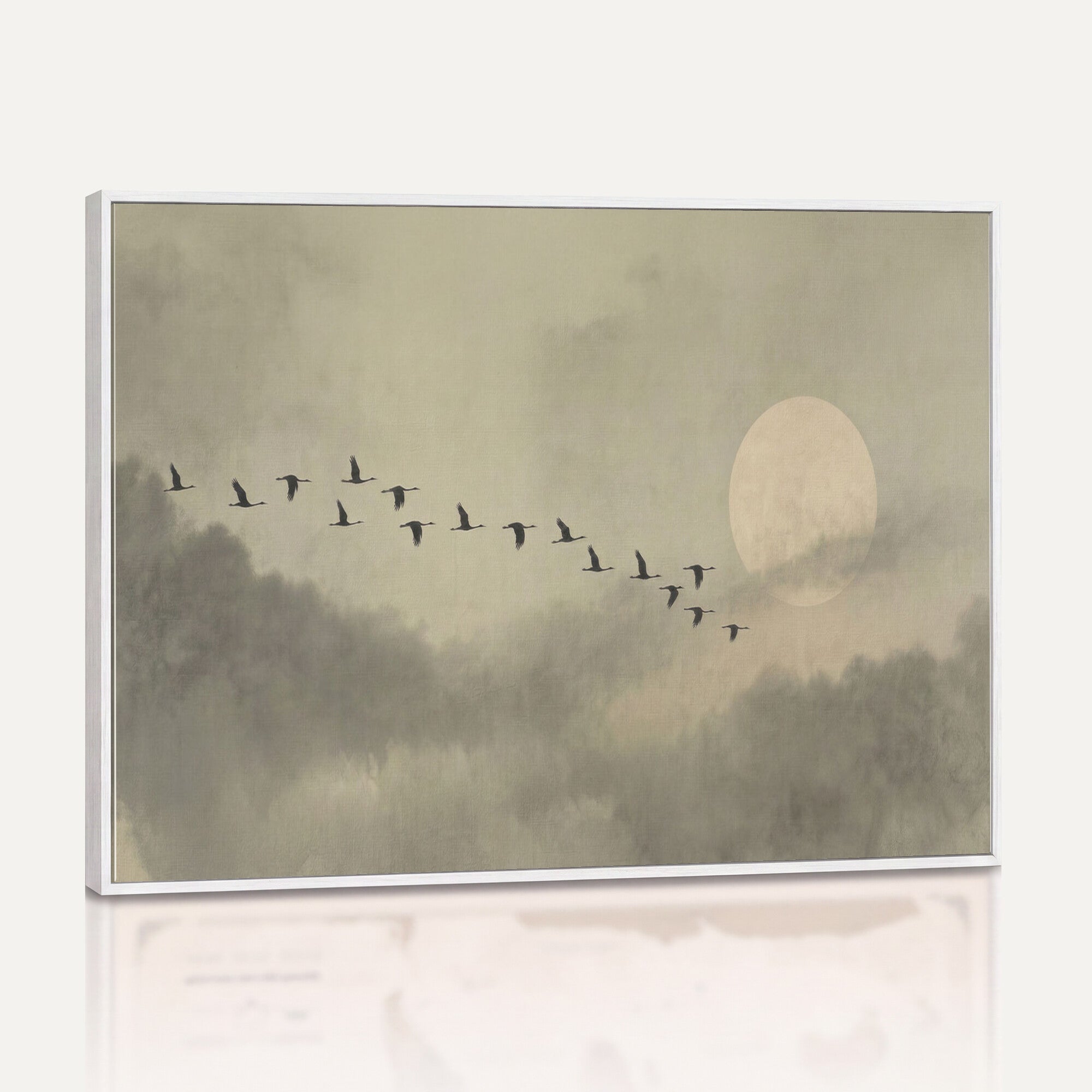 1209814B-MGV-CV-36X24 - Flying Cranes Canvas Wall Art, Misty Landscape with Moon, Sage Green Japandi Decor, Framed Print