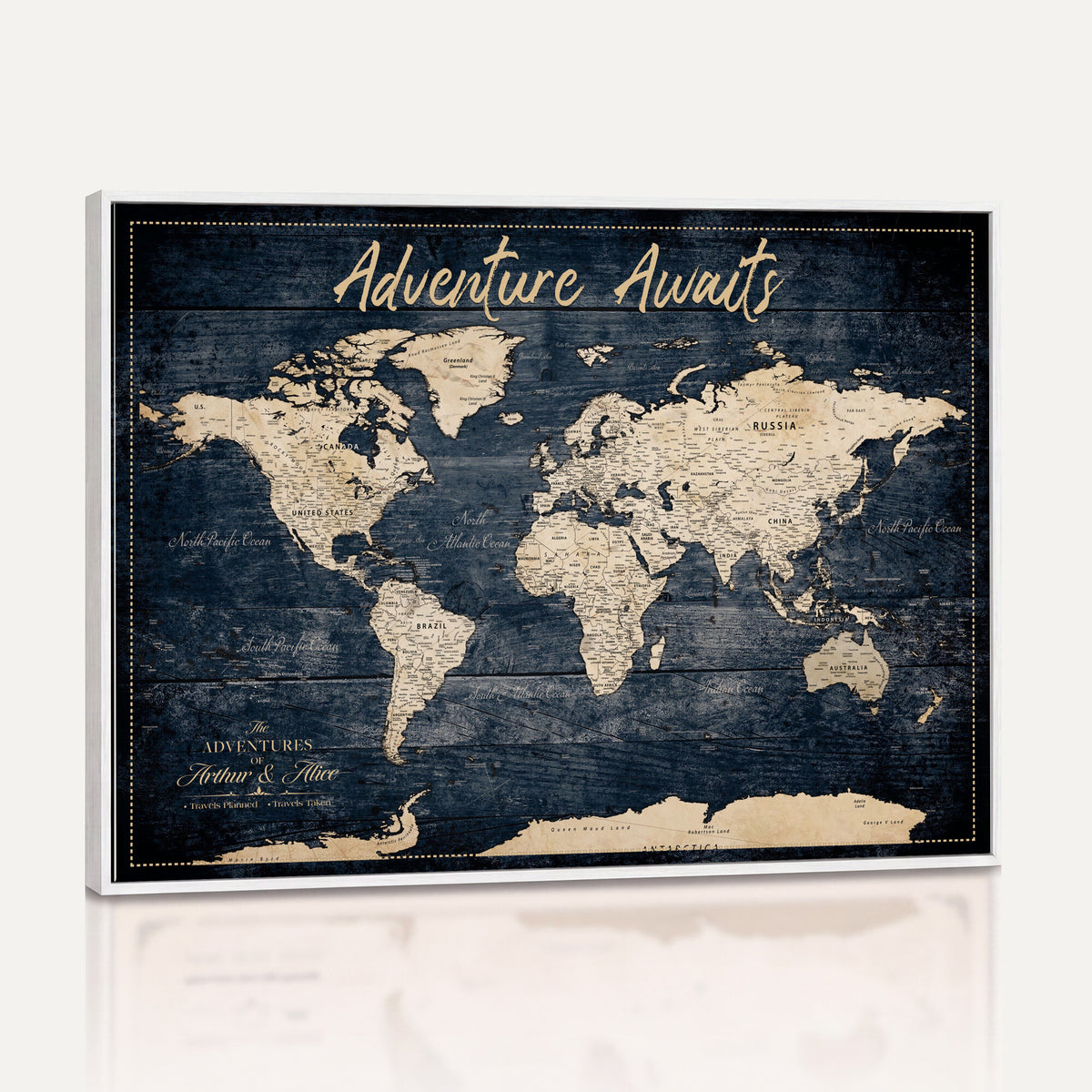 68817382-MGV-CV-36X24 - Extra Large Vintage Personalized Push Pin World Map Wall Art Canvas Print