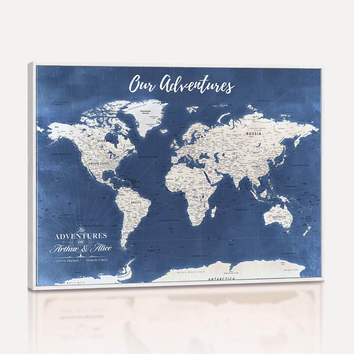 75405527-MGV-CV-36X24 - Extra Large Framed Personalize Push Pin World Map Wall Art Canvas Print for Travel Tracking