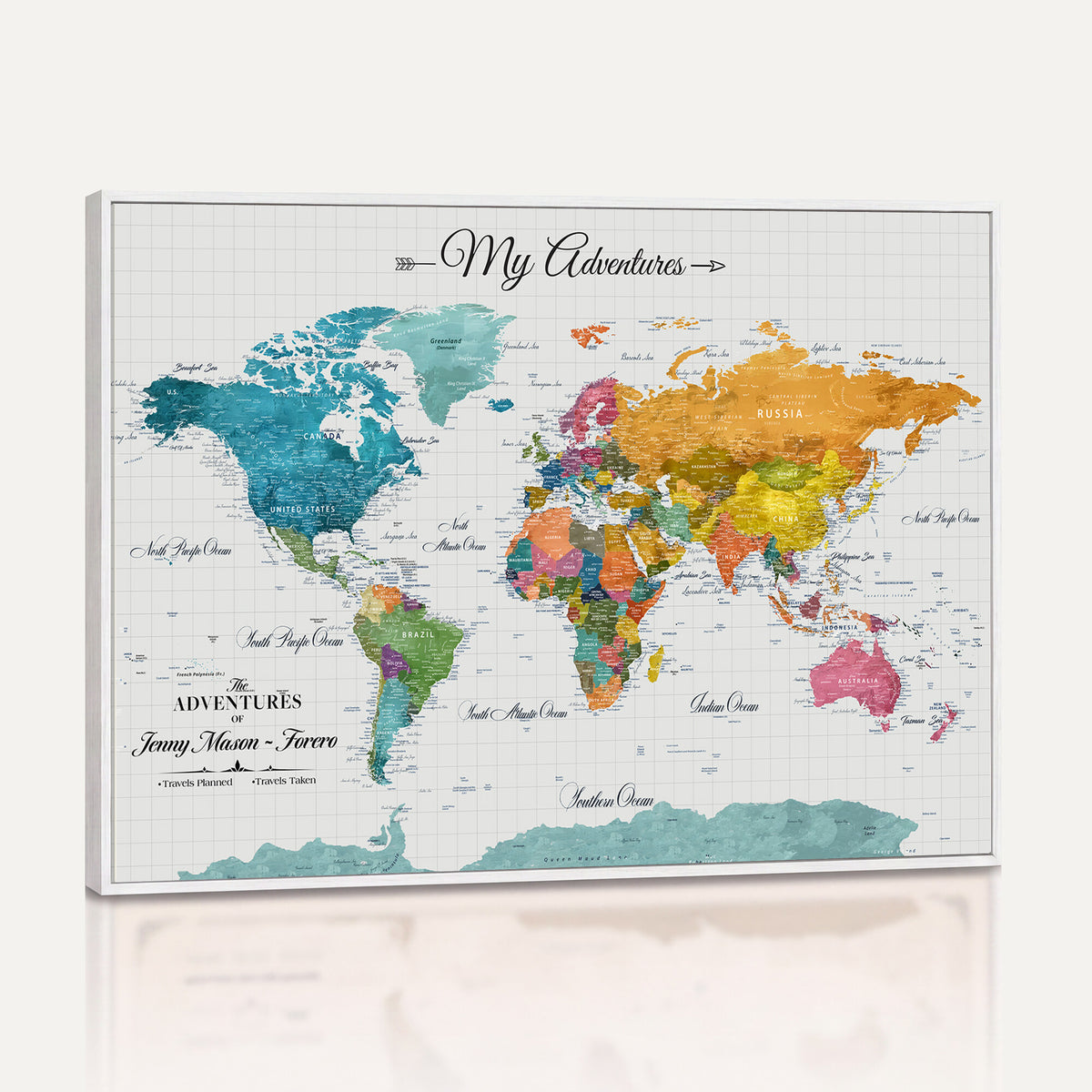 66743043-MGV-CV-36X24 - Extra Large Framed Personalize Push Pin World Map Wall Art Canvas Print for Travel Tracking