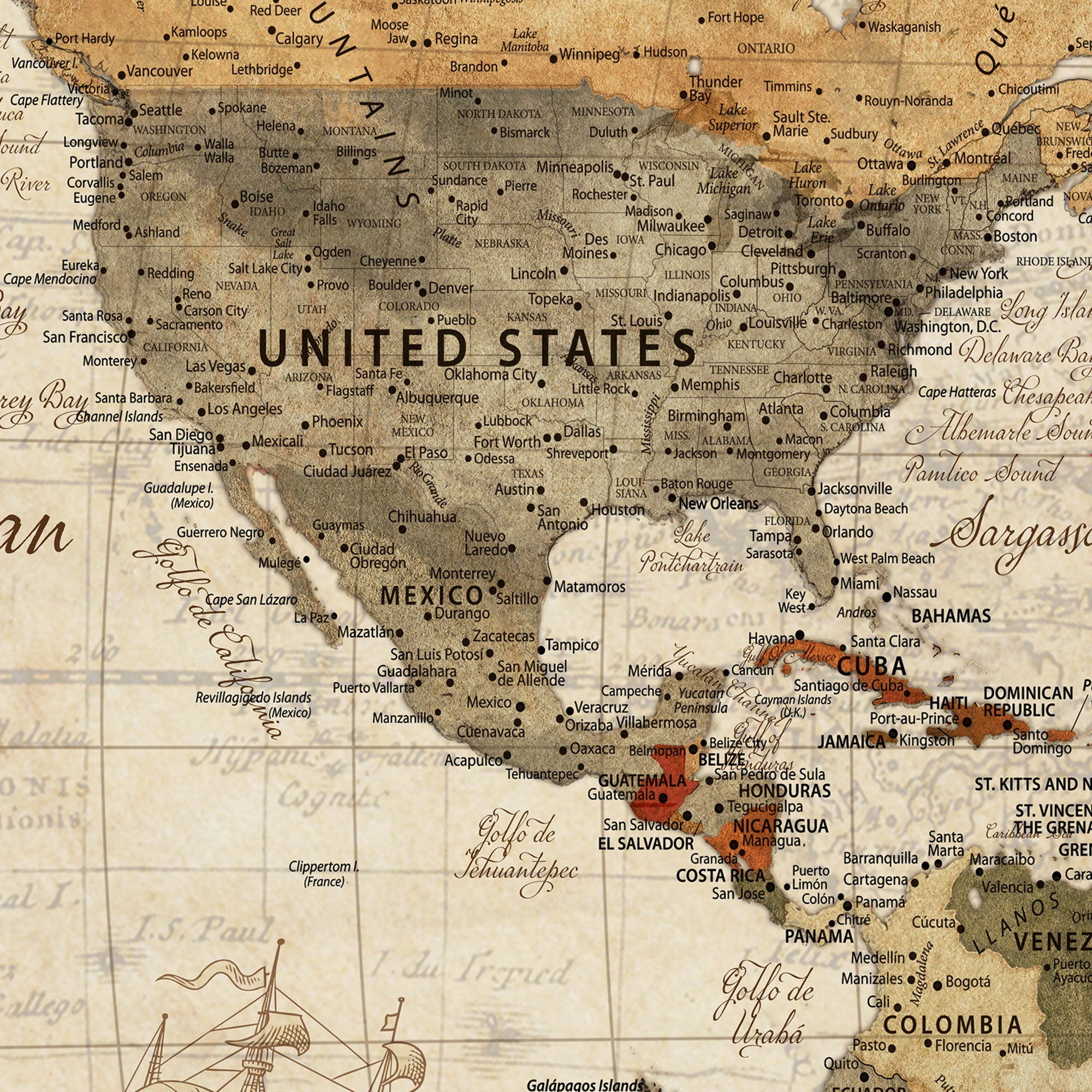 17298116-MGV-CV-36X24-Vintage Custom Push Pin Map Print – Custom Adventure Travel Map, Framed Wall Art Gift for Couples or Family