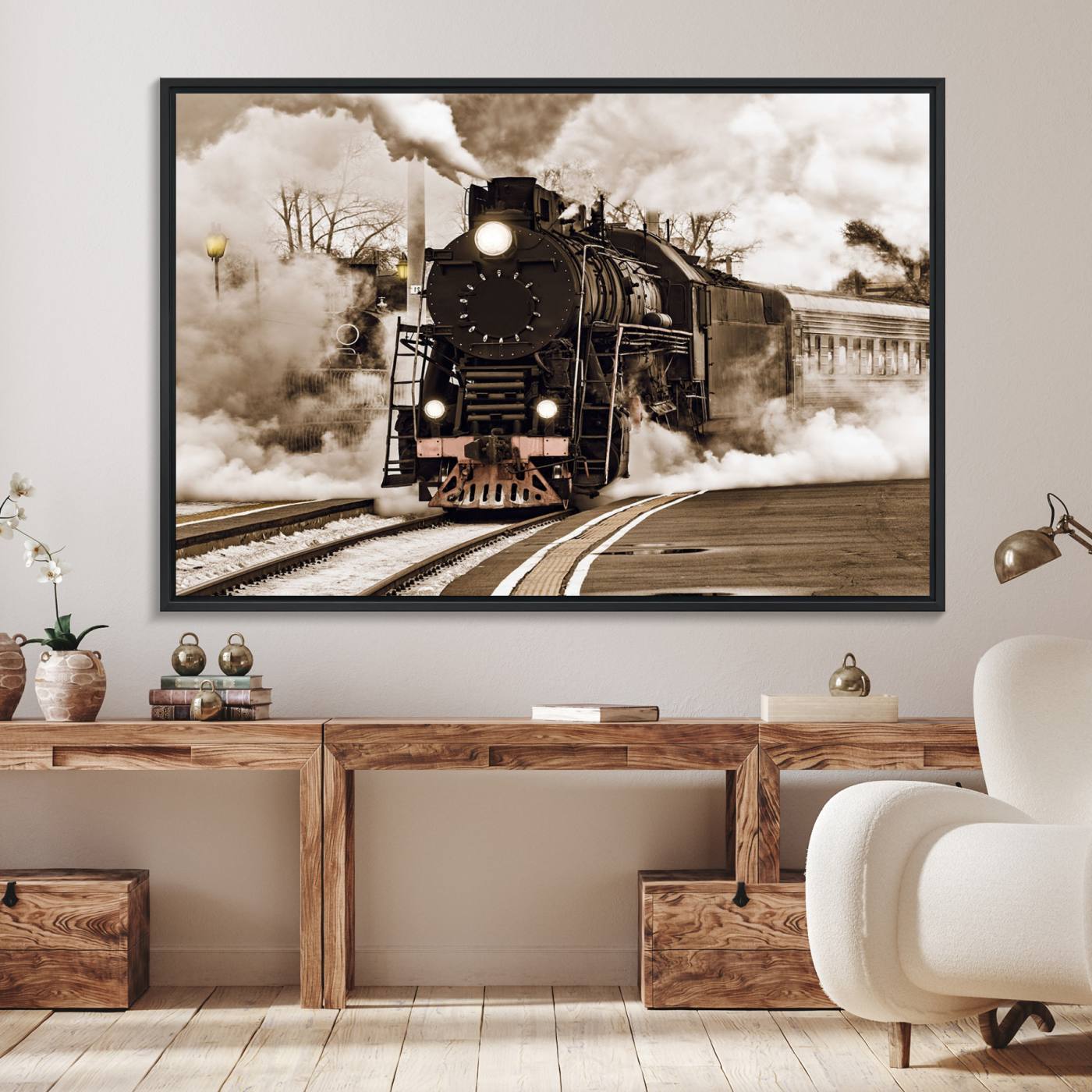 31136-MGV-FC-36X24_Black-Black Steam Train Canvas Wall Art Print Steam Locomotive Art Canvas
