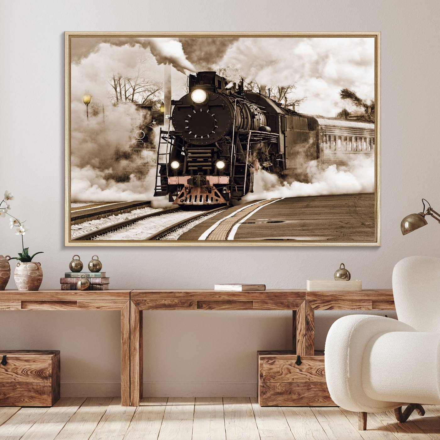 31136-MGV-FC-36X24_Natural-Black Steam Train Canvas Wall Art Print Steam Locomotive Art Canvas