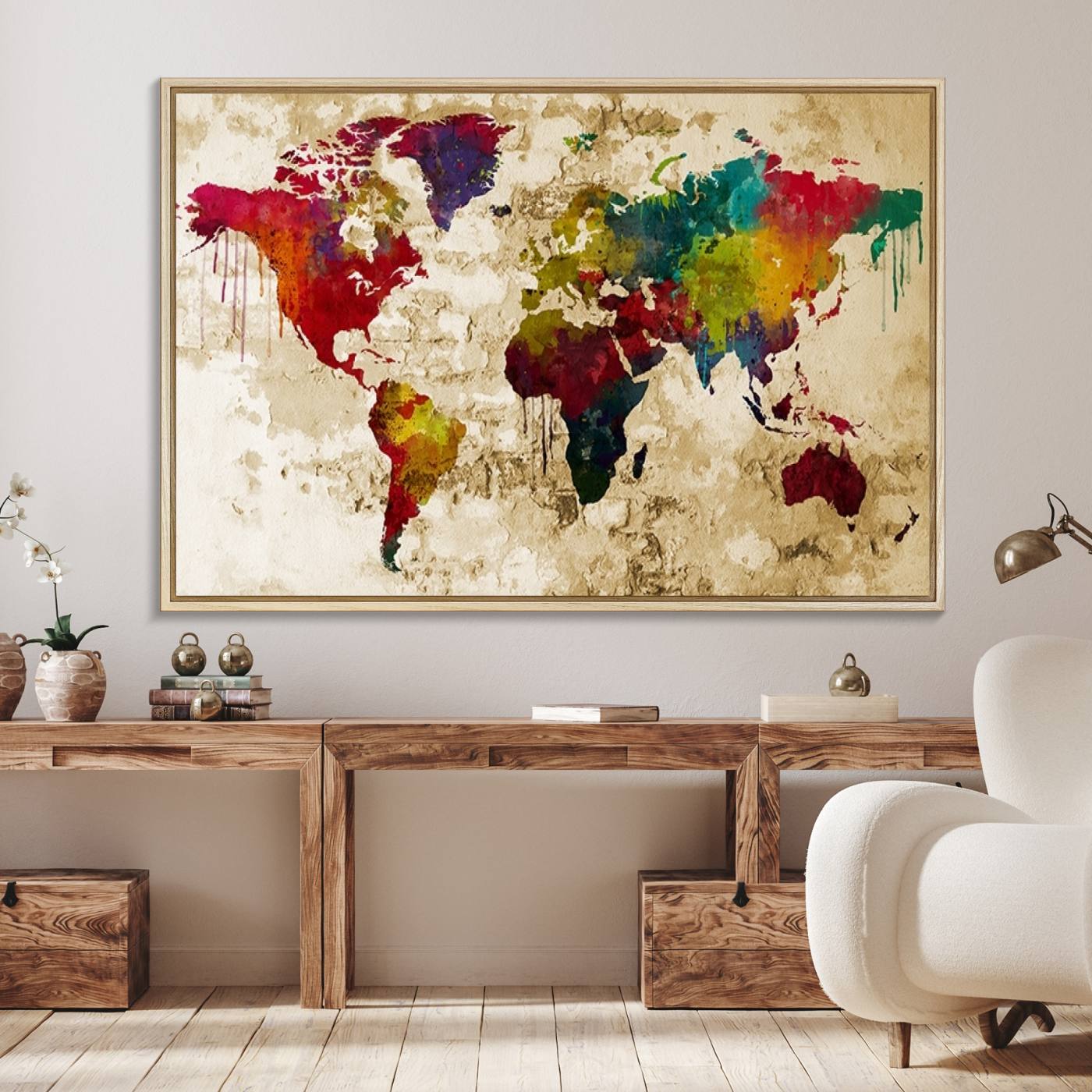 61906-MGV-FC-36X24_Natural-World Map Canvas Print – Framed Push Pin Wall Art, Color Splash Travel Map for Modern Home and Office Decor