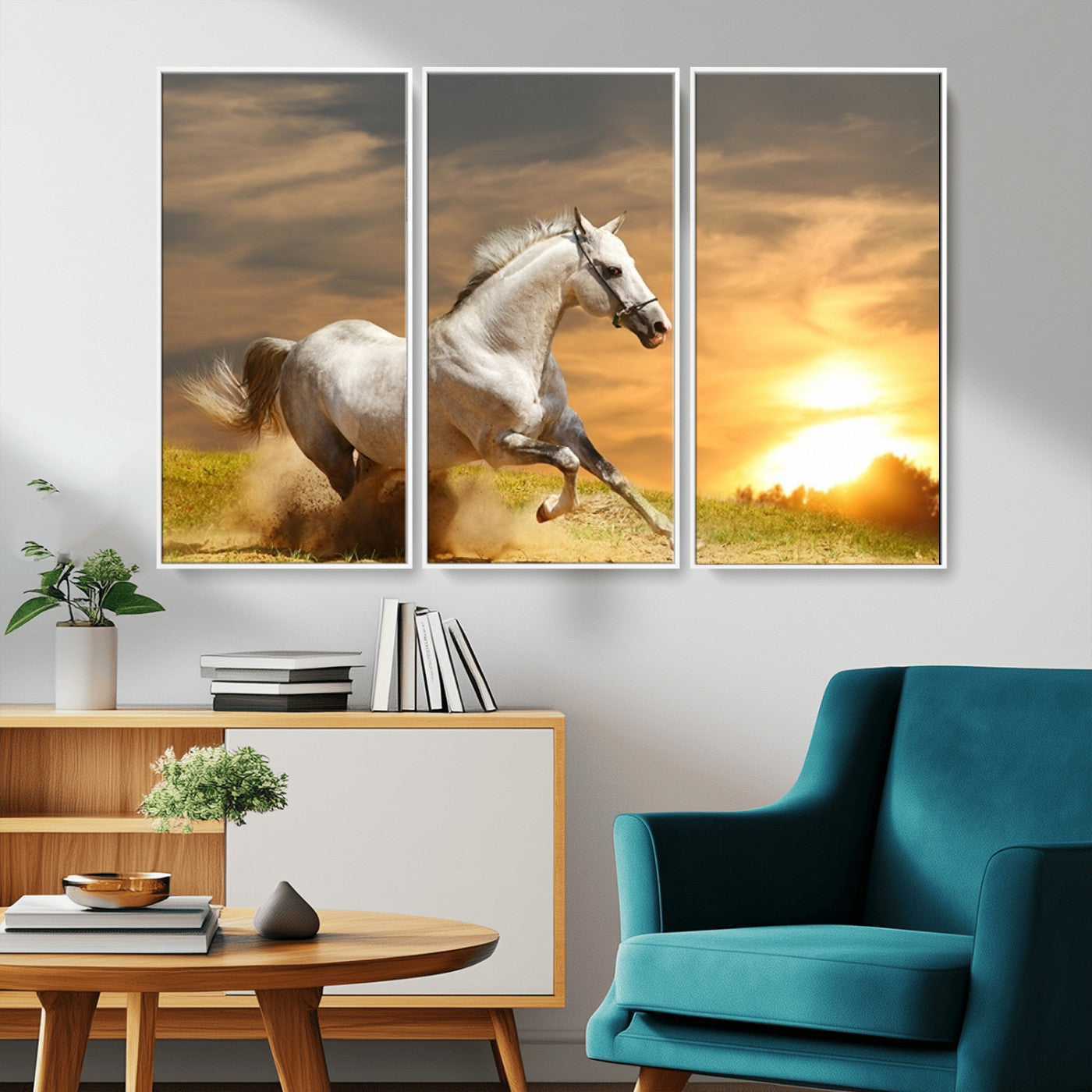 -Large Wall Art Galloping White Horse at Sunset Canvas Print