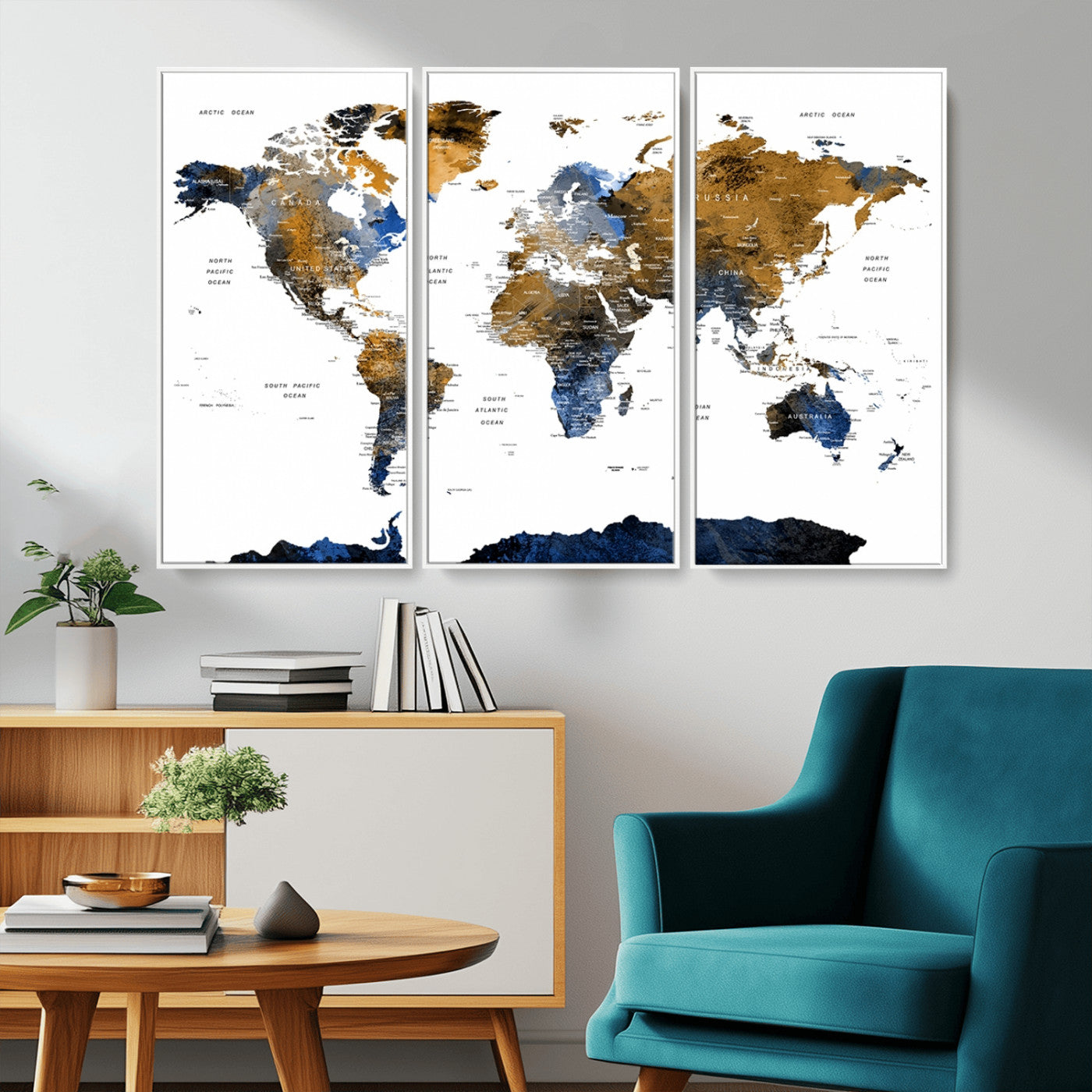 56231-MGV-CV-36X24-Navy and Gold World Map Canvas Wall Art – Framed Modern World Map Print, Elegant Travel Inspired Artwork for Home and Office Decor