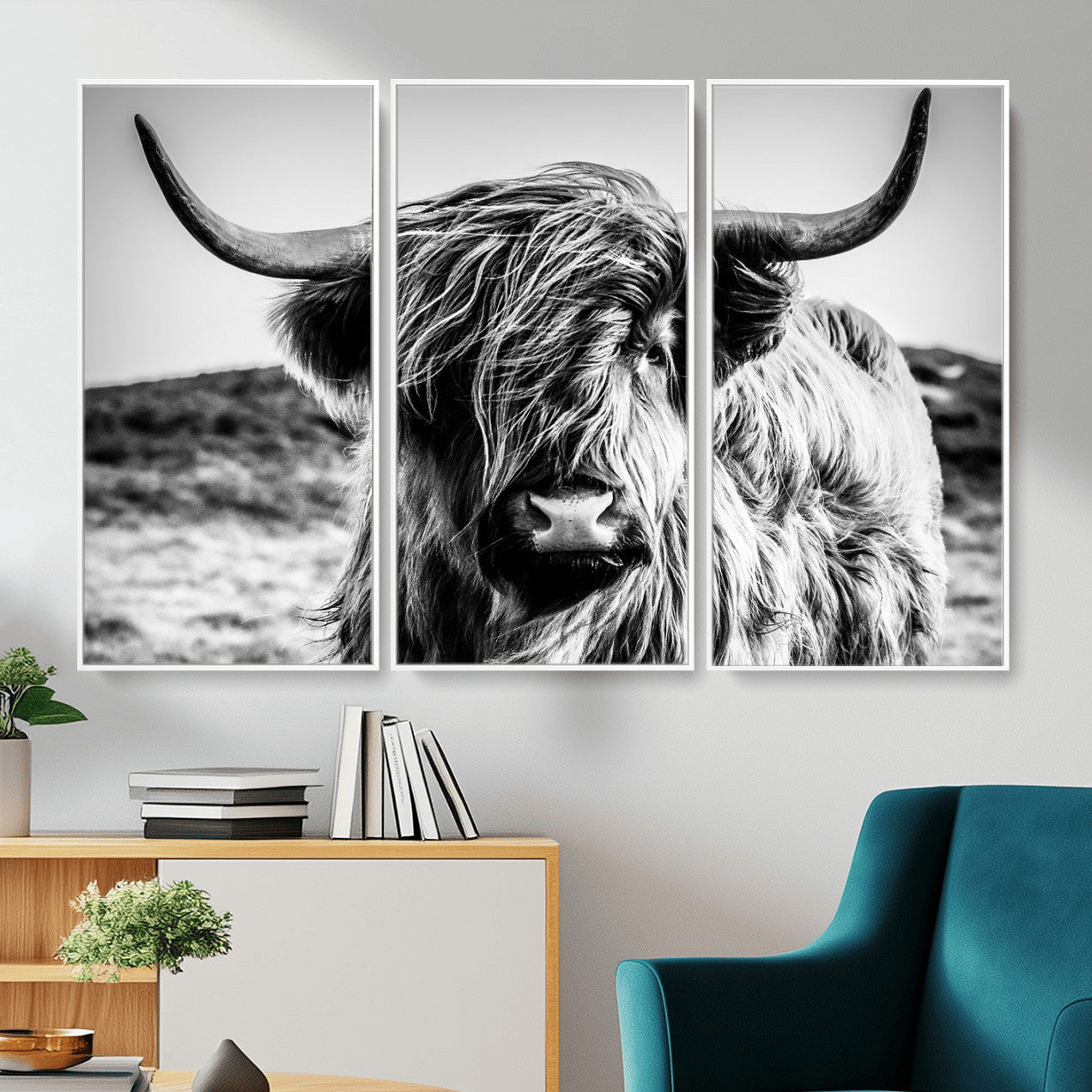 36979-MGV-CV-36X24 - Handsome Scottish Cow Black and White Wall Decor Canvas Art Print Extra Large Wall Art Highland Cattle Canvas Picture Animal Art Nature Photography High Quality Original Canvas Framed Ready to Hang
