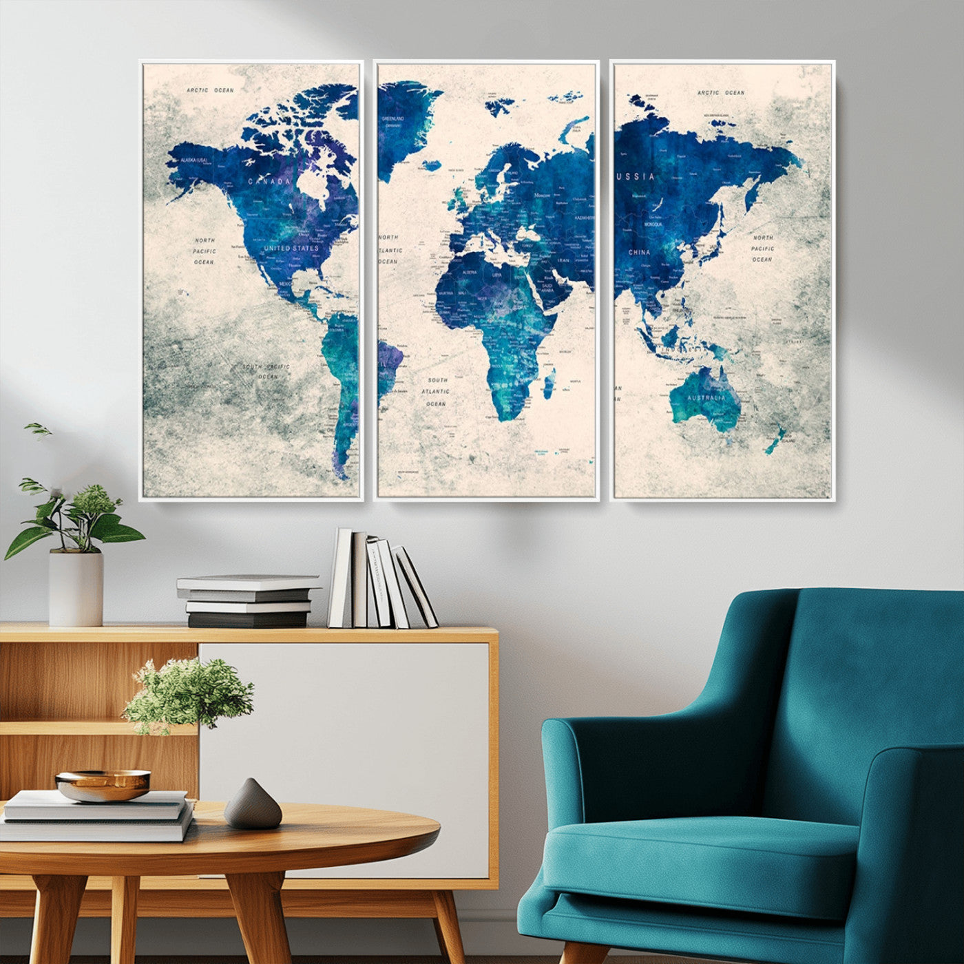 43947-MGV-CV-36X24-Blue Watercolor World Map Canvas Print – Framed Modern Wall Art, Elegant Push Pin Travel Map Decor for Home Office or Living Room
