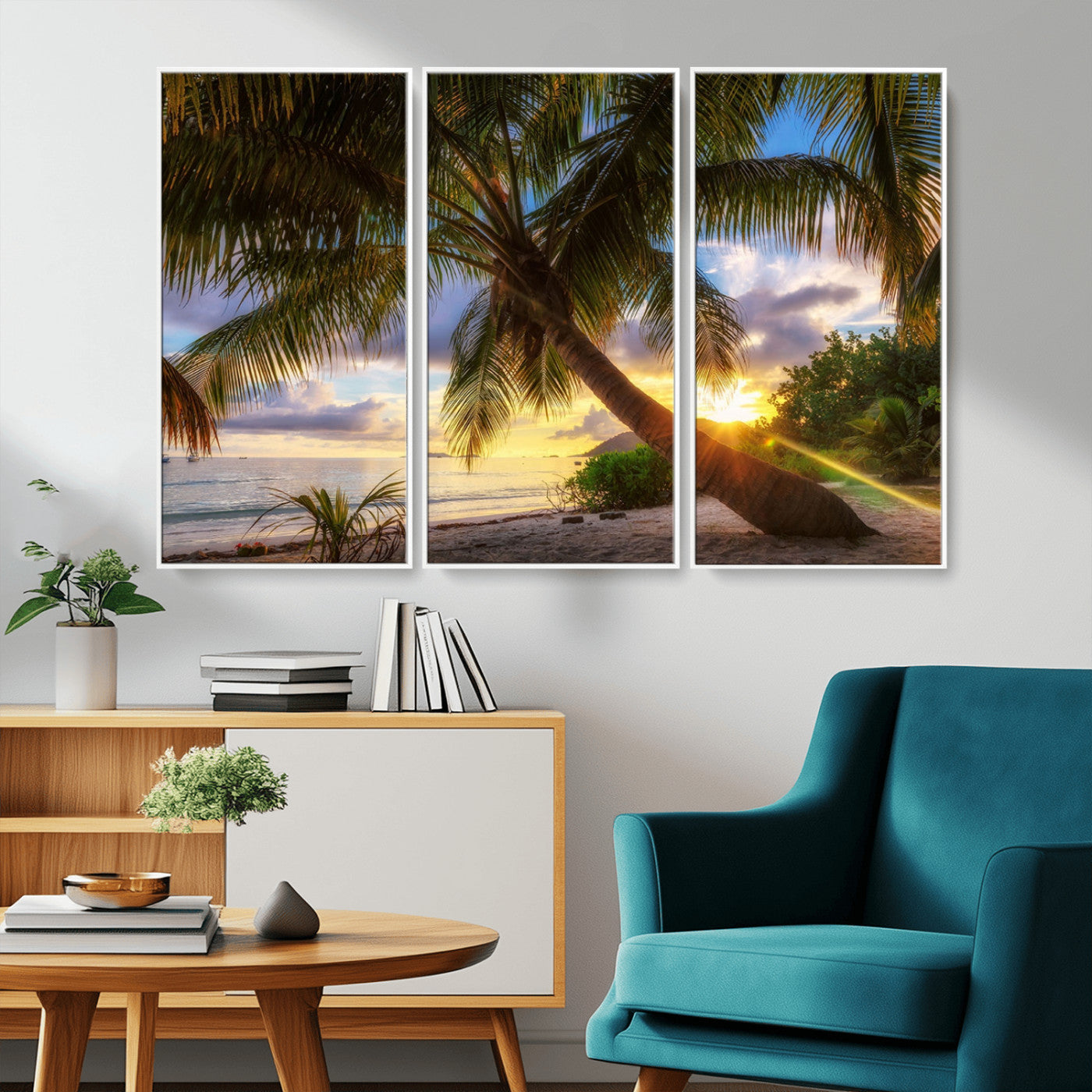 -Tropical Island Sunset on the Beach Palms Wall Art Canvas Print