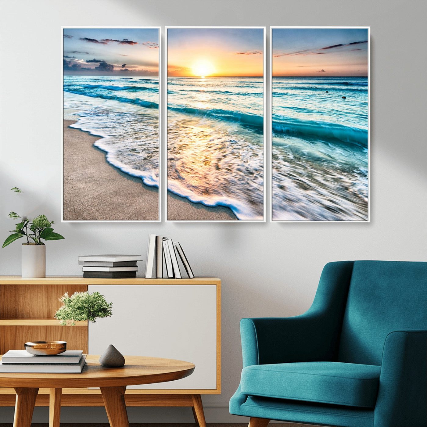 -Sunset Beach Waves Canvas Wall Art – 5-Panel Ocean Sunset Print – Coastal Decor for Living Room or