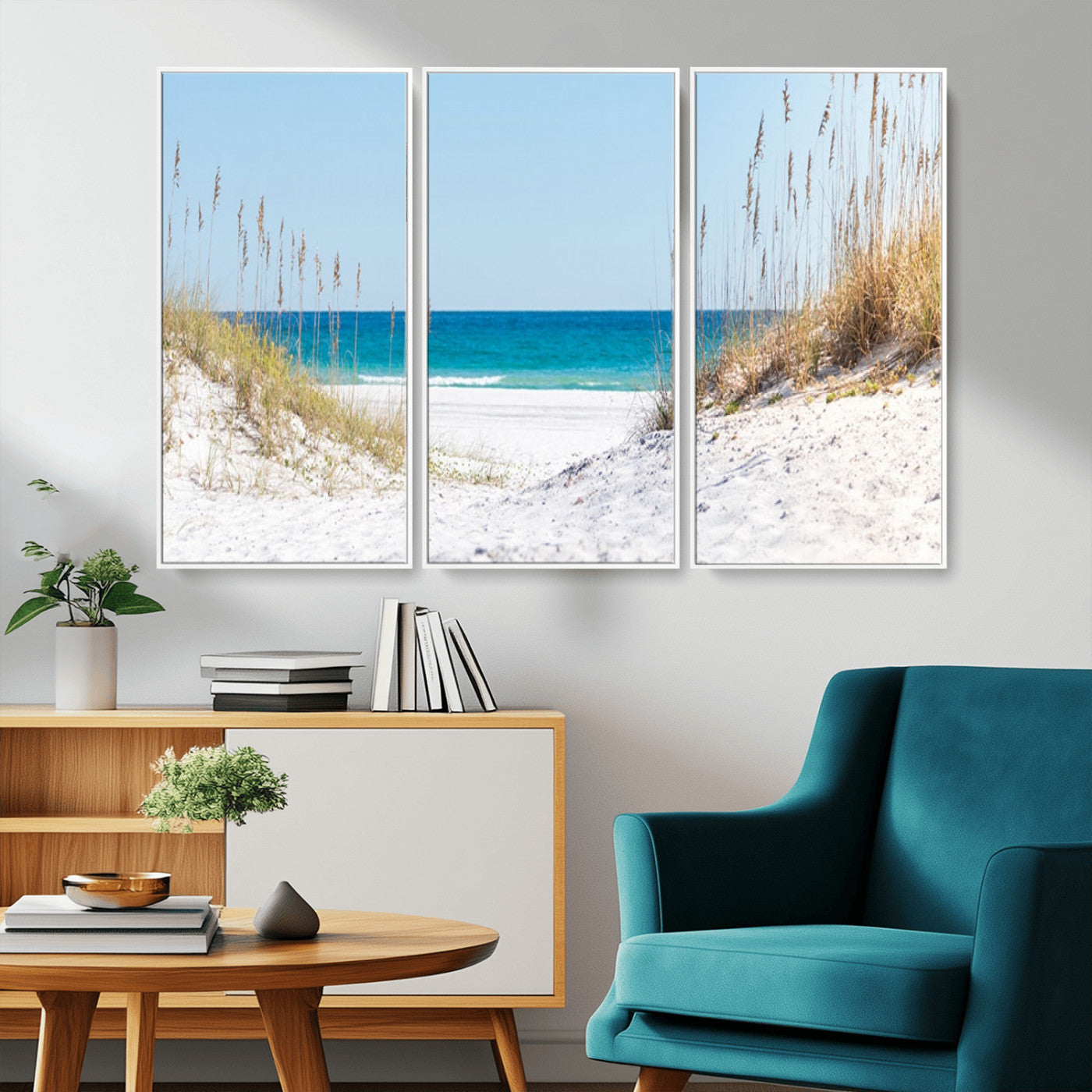 -Serene Coastal Dune Path with Ocean View, 3-Panel Beach Canvas Wall Art, Tranquil Seascape Giclee