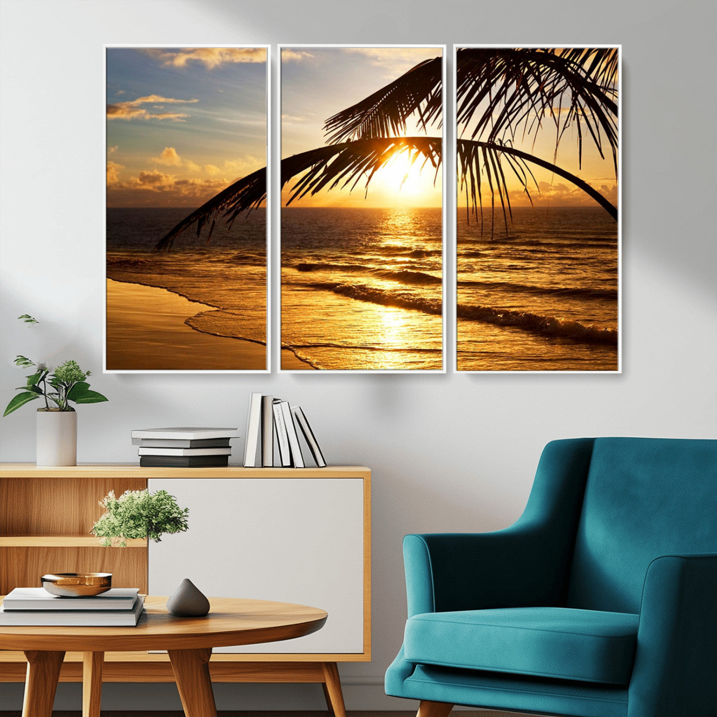 -Golden Tropical Beach Sunset Canvas Triptych, Coastal Palm Tree Wall Art, Ocean Shoreline Giclee