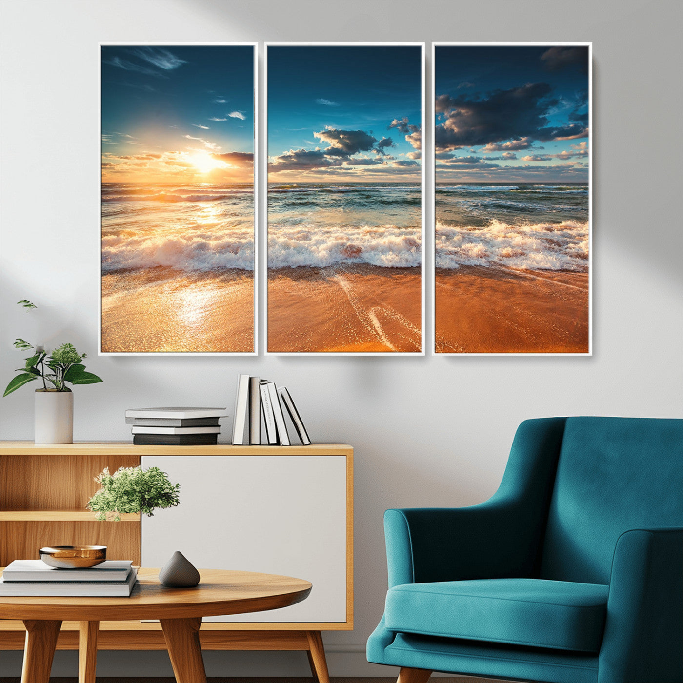 -Golden Sunset Beach Triptych Canvas Art, Giclee Coastal Wall Decor, Ocean Waves Print, Modern Beach