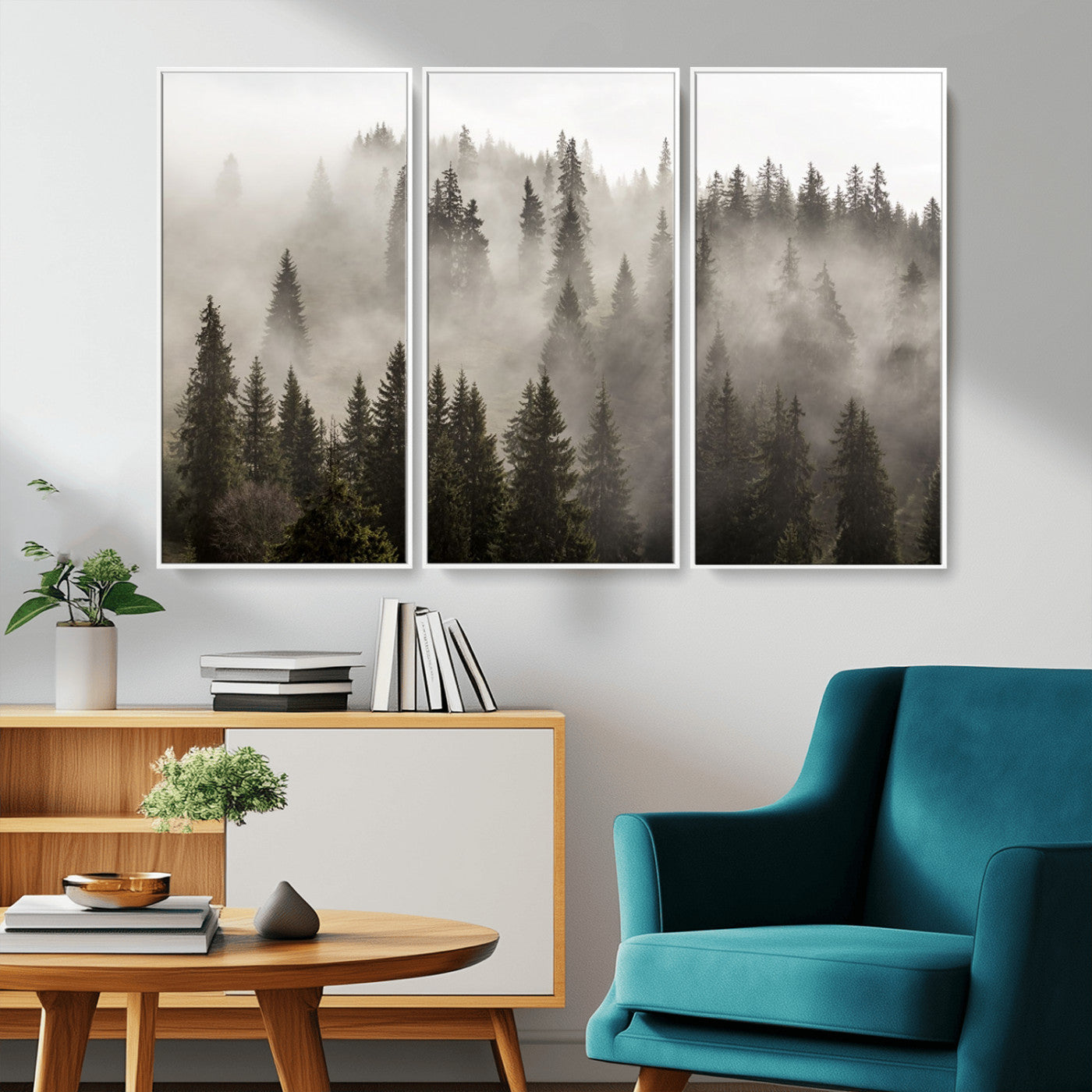 62862-MGV-CV-36X24-Foggy Mountain Wall Art | 3-Panel Foggy Forest and Mountain Landscape | Large Giclee Print for