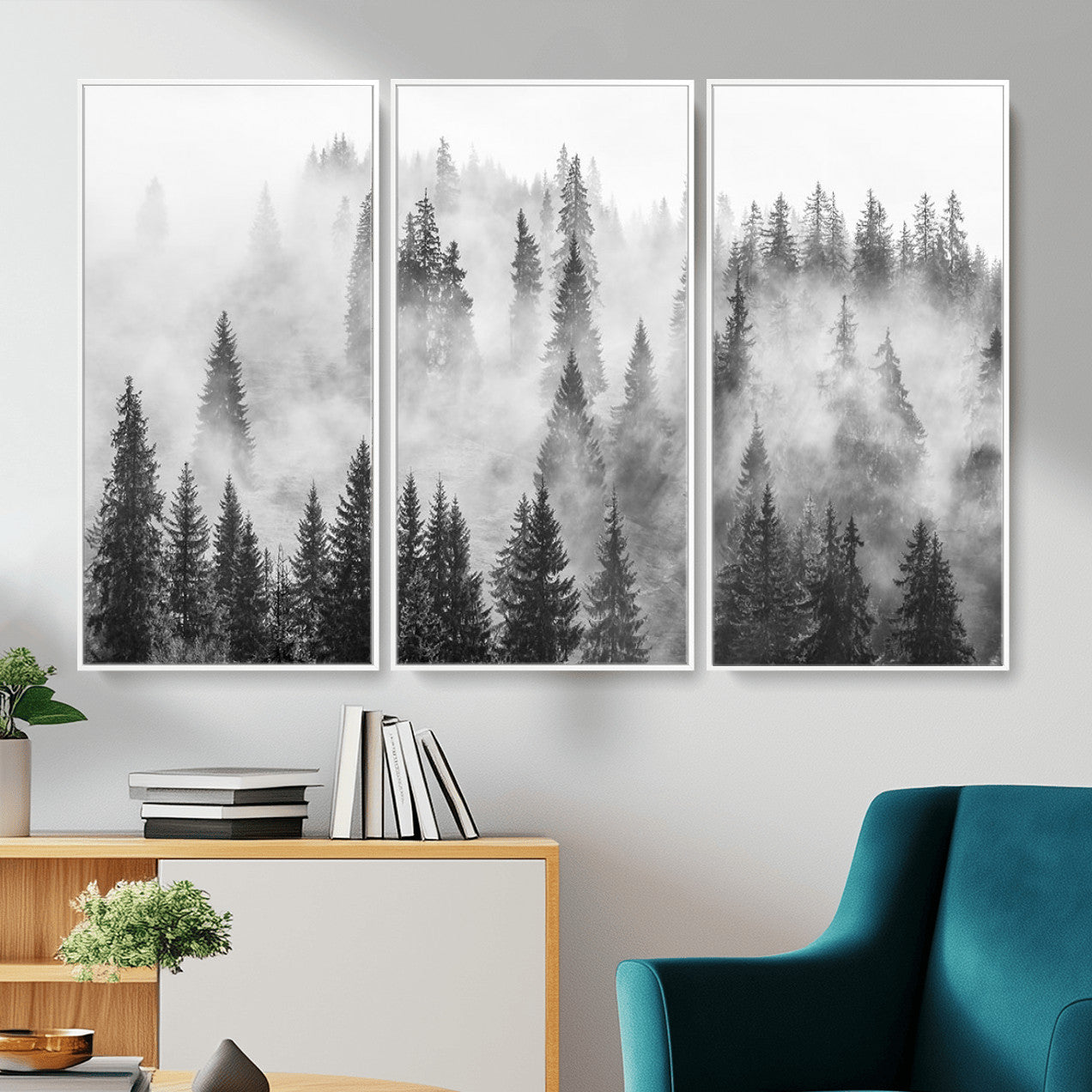 10422-MGV-CV-36X24 - Forest Wall Art Print | Foggy Pine Forest Canvas Wall Art - Black and White Nature Decor for Living