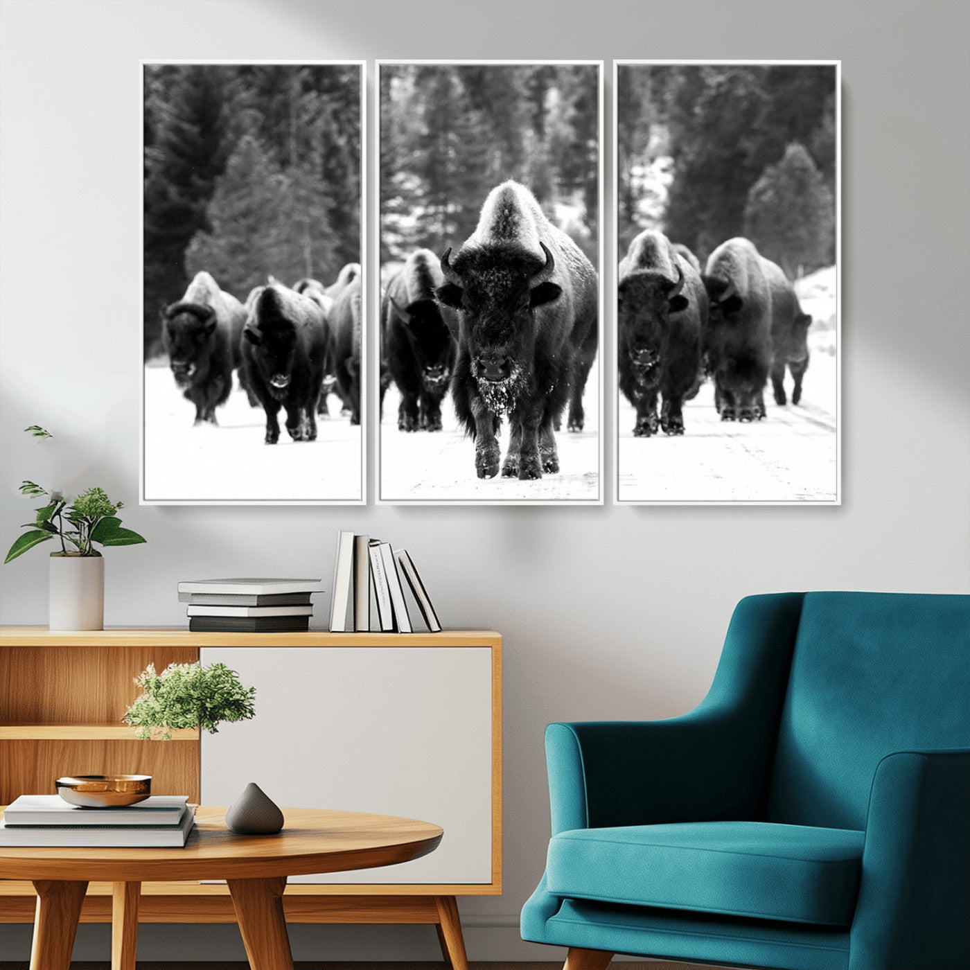 62434-MGV-CV-36X24-Bison Herd in Snow Wall Art Canvas Print | Rustic Western Bison Wall Art for Decor for Living Room,