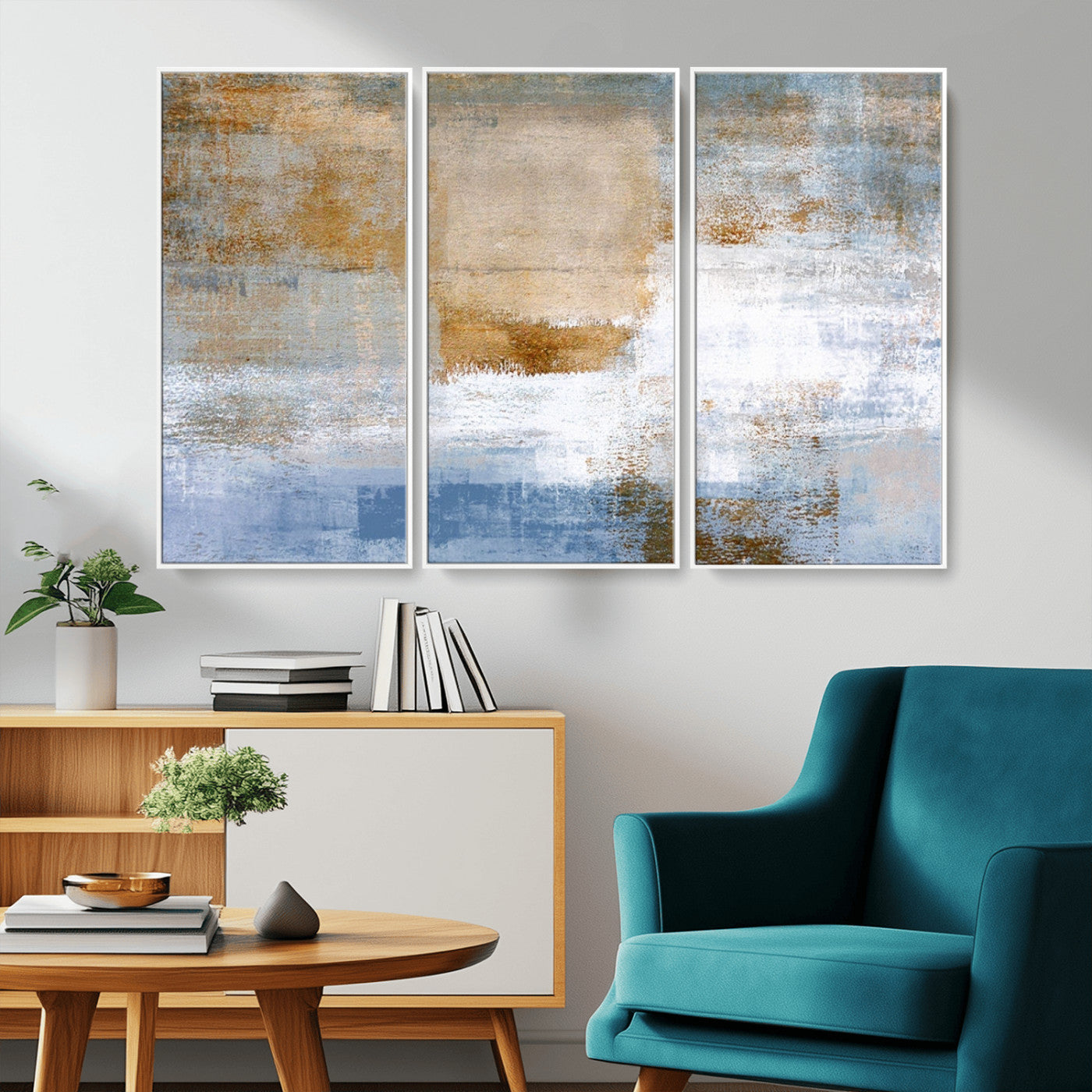 72354-MGV-CV-36X24-Blue Multi Panel Abstract Wall Art Canvas, Abstract Blue and Gold Canvas Print
