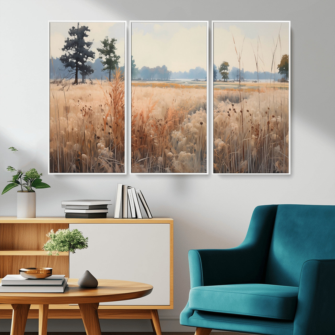 98822-MGV-FC-48X32-3P_White-Golden Fields Canvas Wall Art Print – Serene Landscape of Nature’s Tranquility in Minimalist Modern