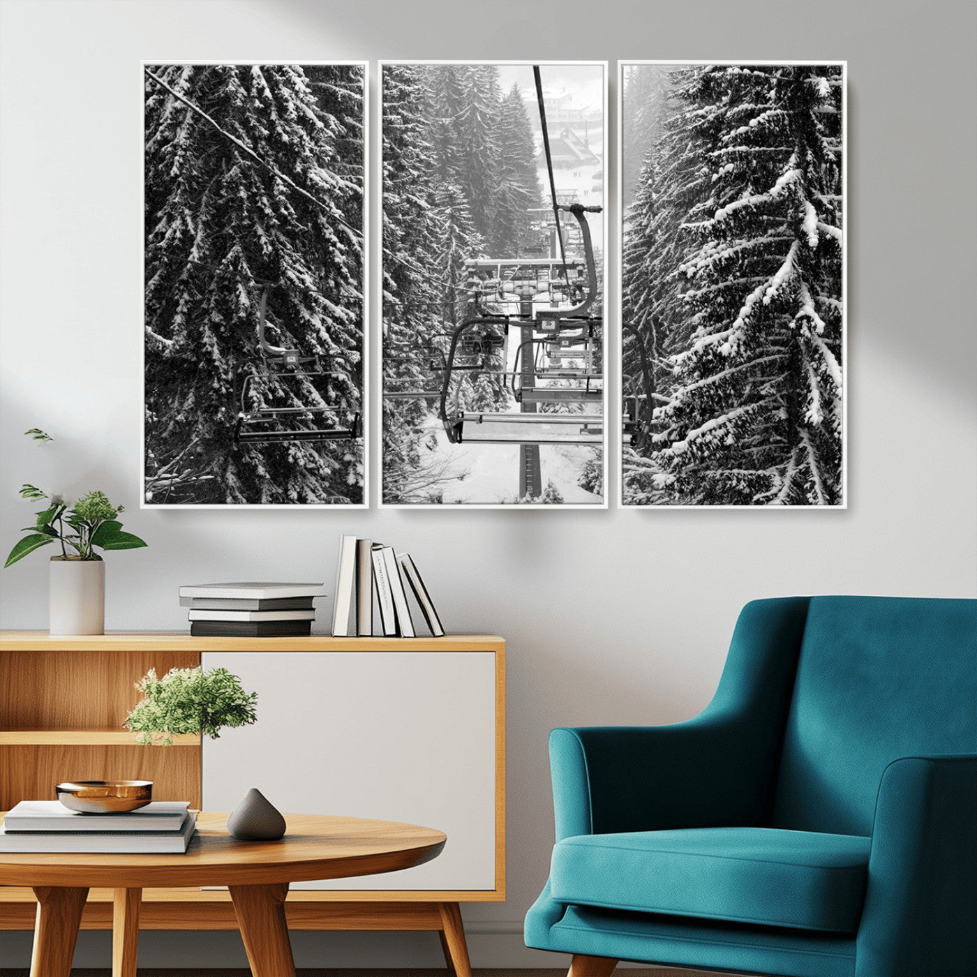 19240-MGV-CV-36X24-Winter Ski Lift Black and White Canvas Wall Art – Alpine Escape in Minimalist Style – Winter Ski